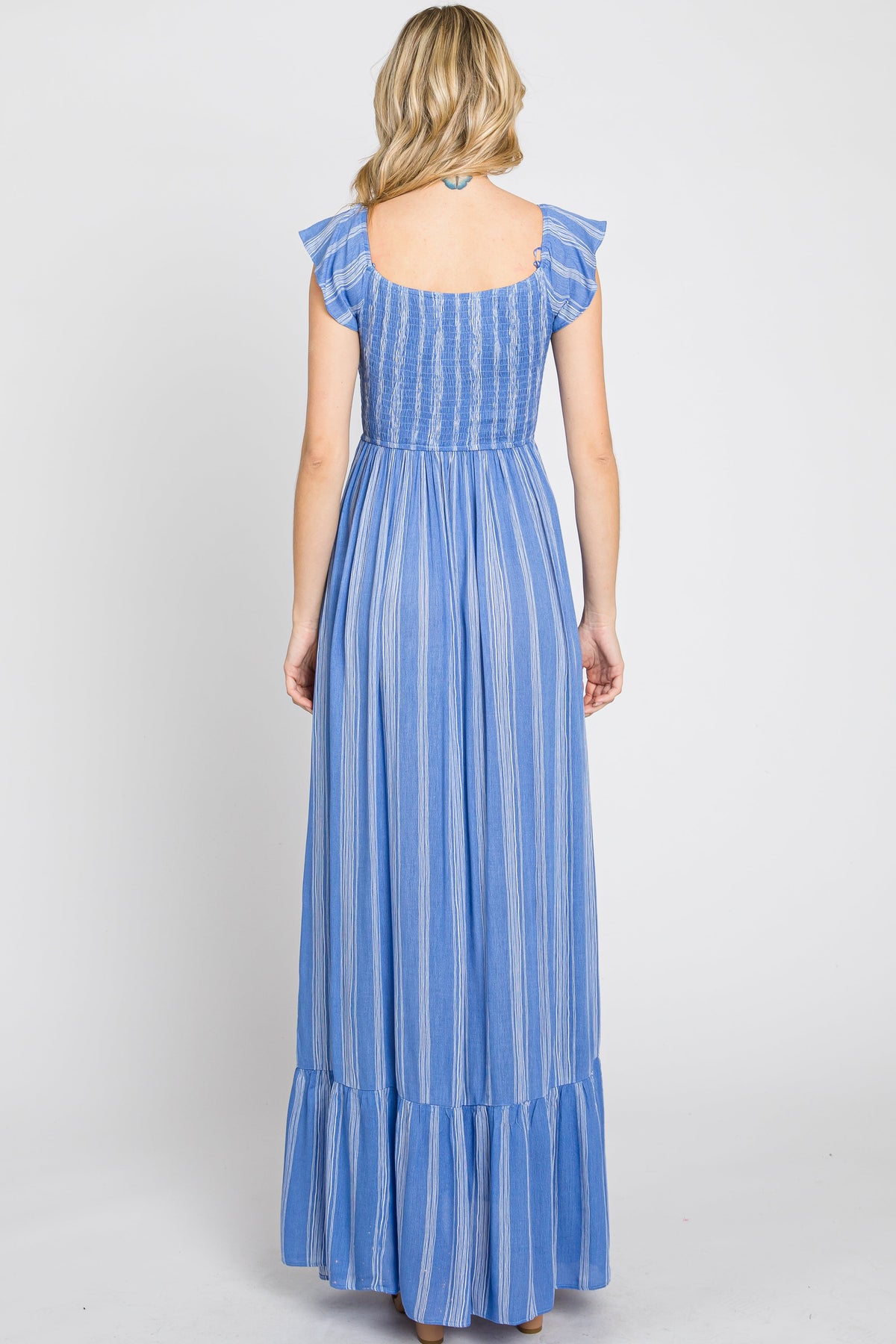 Blue Striped Off Shoulder Front Tie Maxi Dress by PinkBlush at Everetts Place