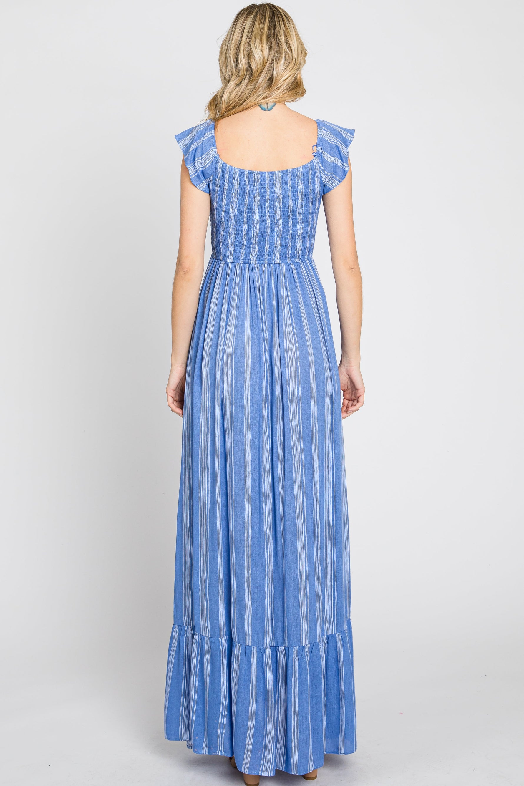 Blue Striped Off Shoulder Front Tie Maxi Dress by PinkBlush at Everetts Place