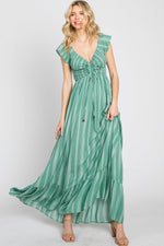 Green striped off-shoulder maxi dress with front tie, smocked top, and ruffle hem