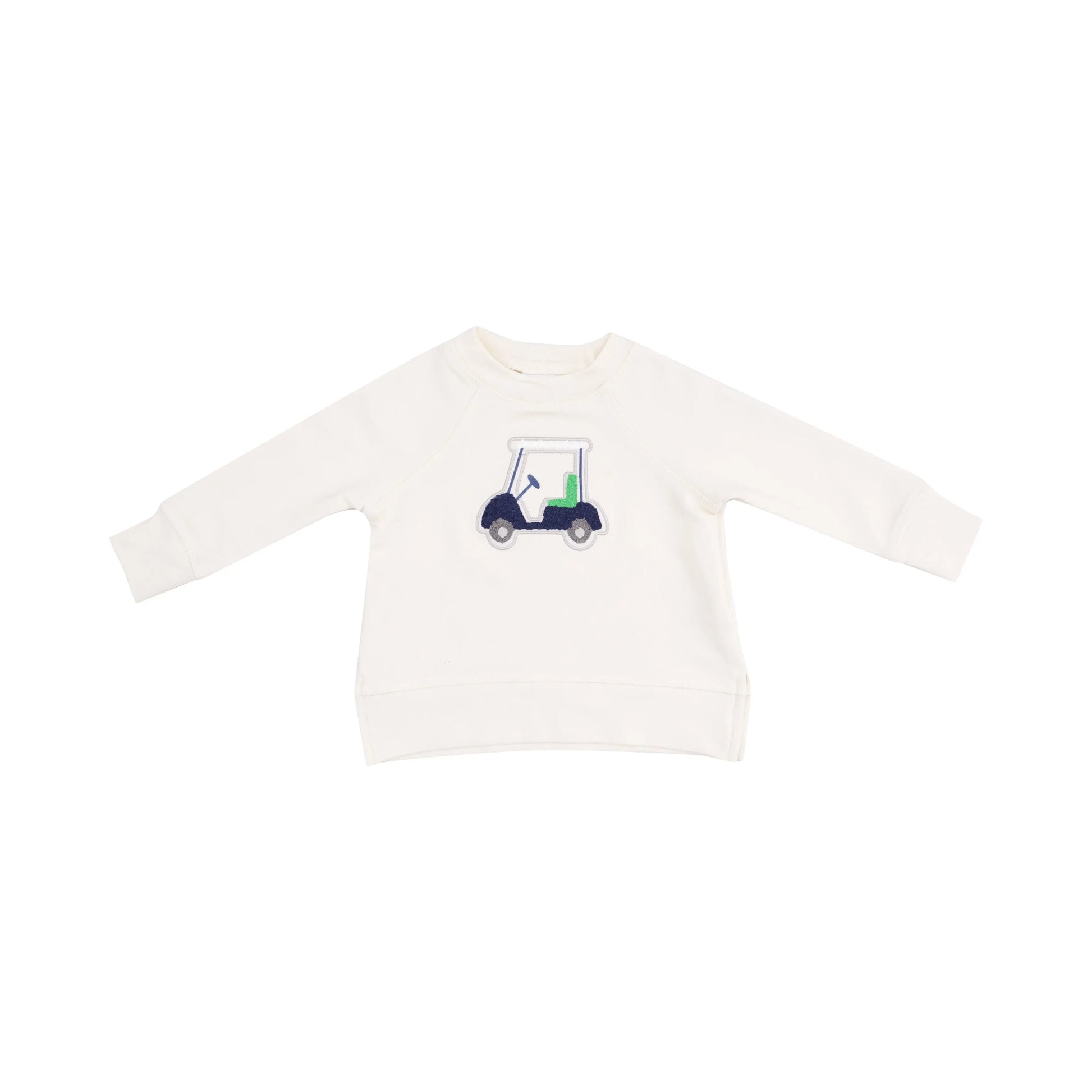 French Terry Raglan Sweatshirt with Golf Cart Applique and Matching Shorts in Golf Cart Blue Angel Dear
