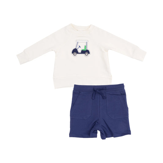 French Terry Raglan Sweatshirt with Golf Cart Applique and Matching Shorts in Golf Cart Blue Angel Dear