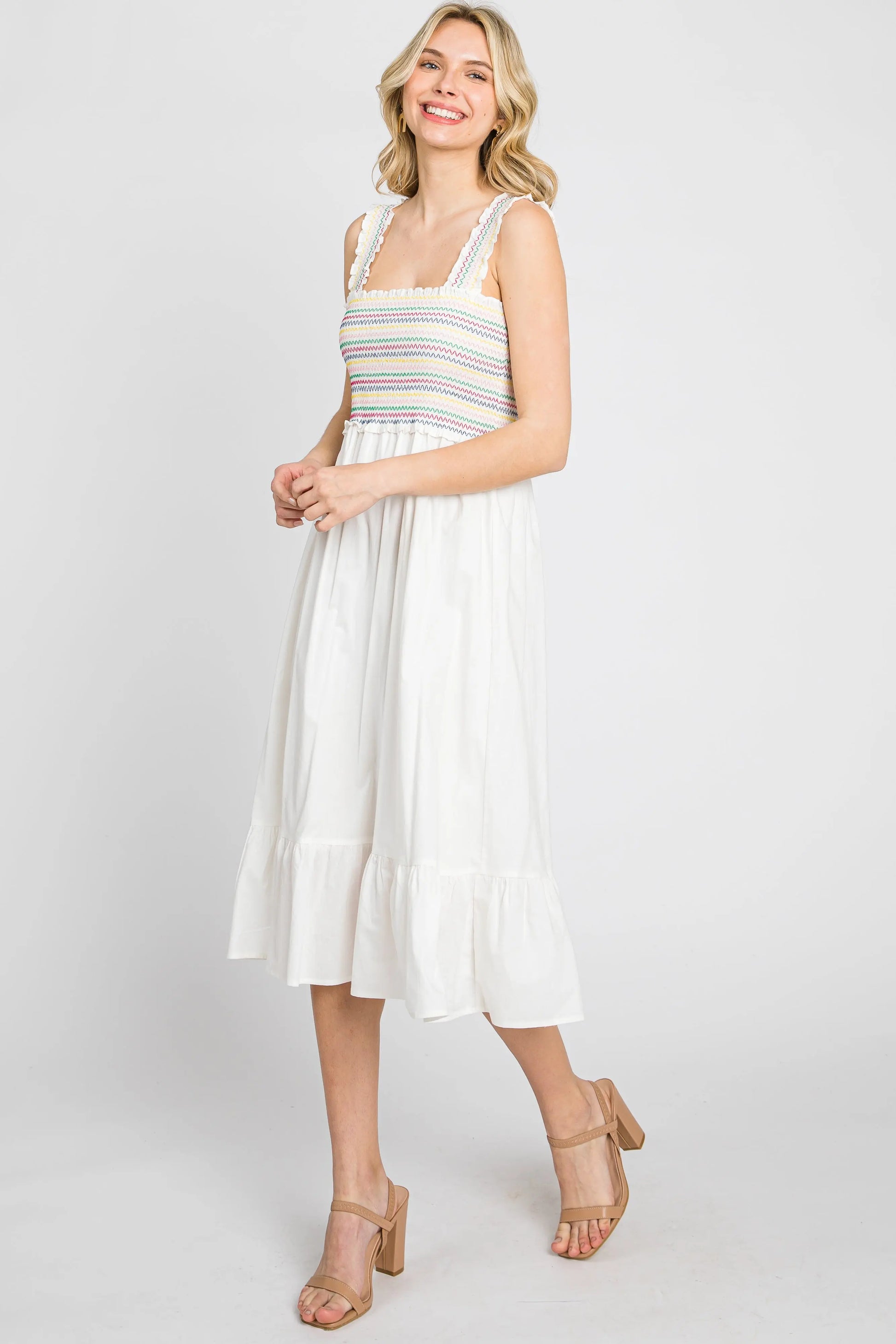 PinkBlush Elegant White Midi Dress with Colorful Embroidery for Summer Gatherings - Apparel & Accessories > Clothing > Dresses