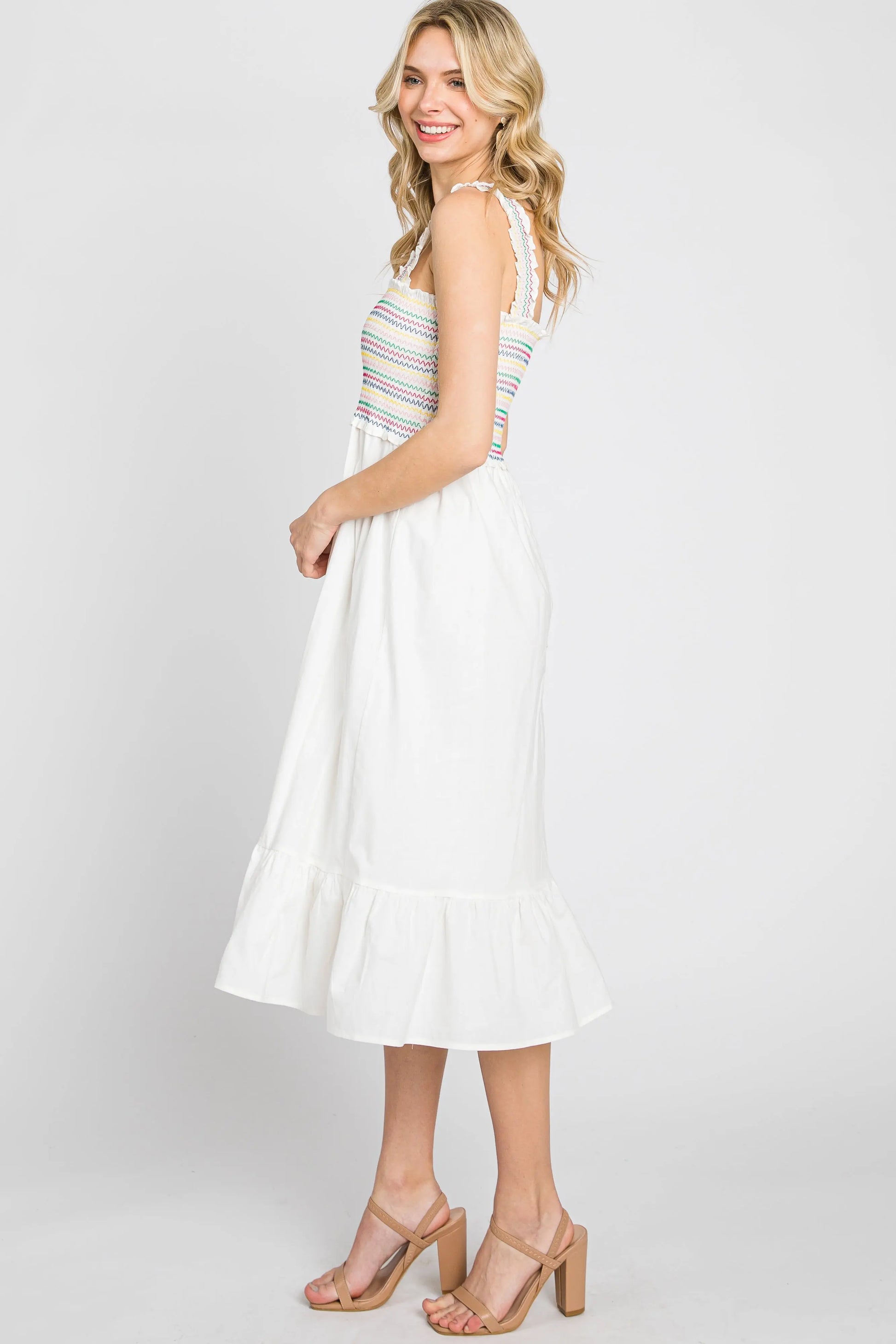 PinkBlush Elegant White Midi Dress with Colorful Embroidery for Summer Gatherings - Apparel & Accessories > Clothing > Dresses