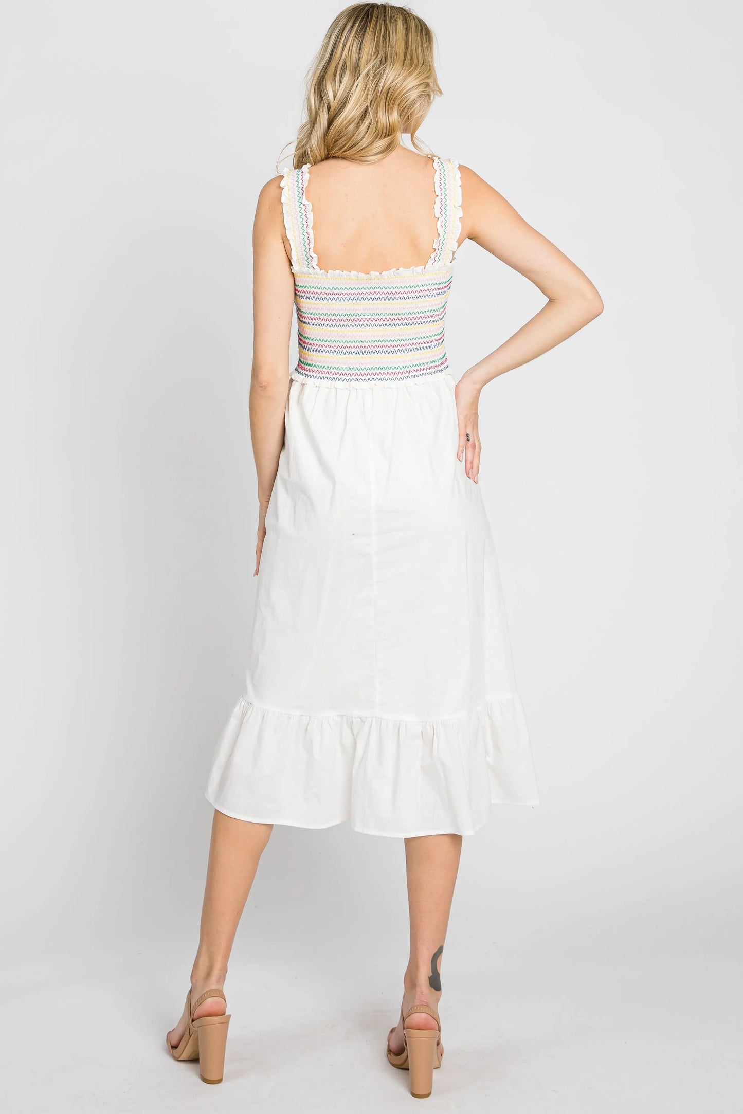 PinkBlush Elegant White Midi Dress with Colorful Embroidery for Summer Gatherings - Apparel & Accessories > Clothing > Dresses