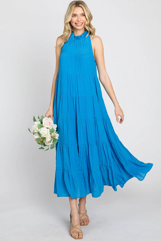 PinkBlush PinkBlush Blue Tiered High Neck Maxi Dress with Ruffled Detail for Women - Apparel & Accessories > Clothing > Dresses