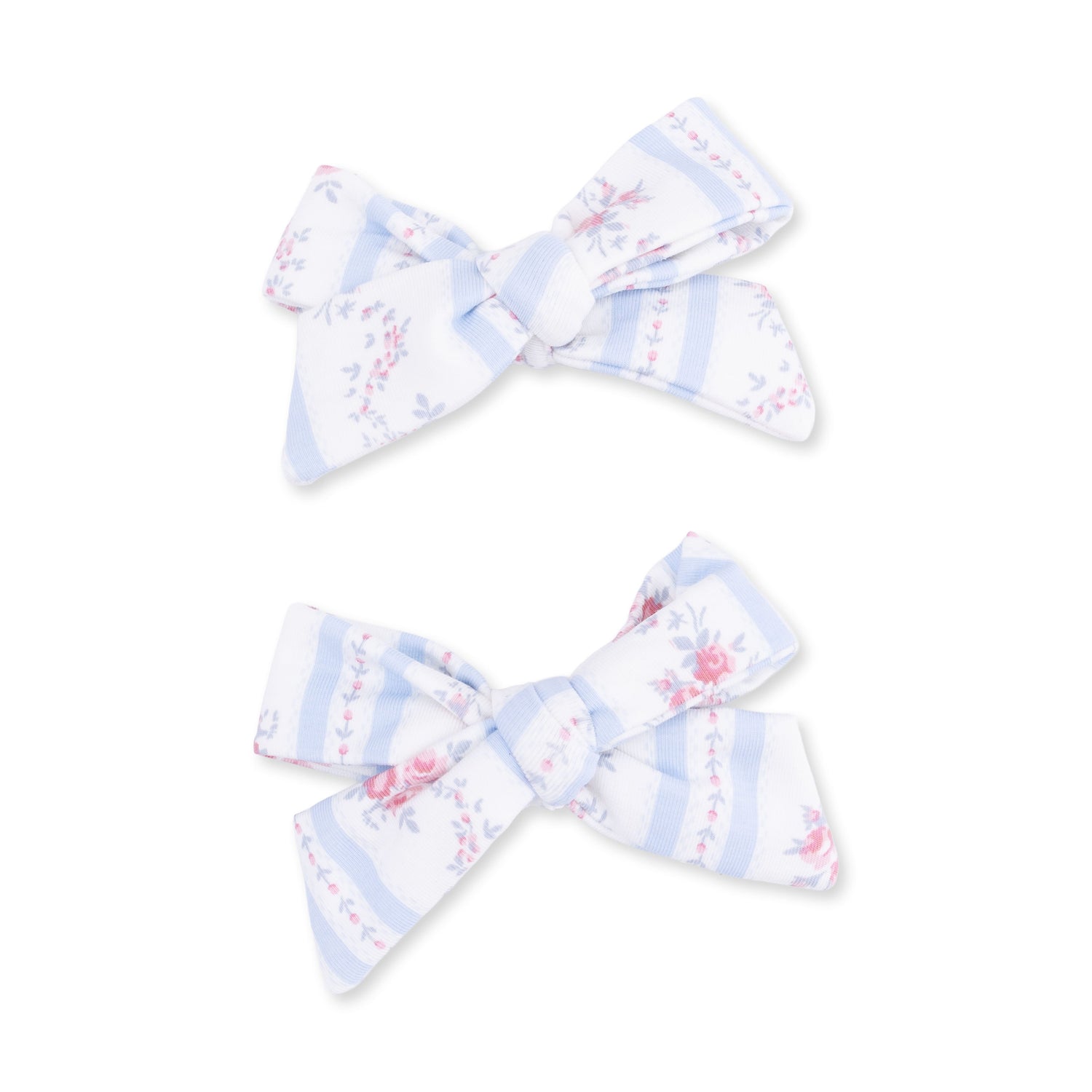 Two bow hair clips in the Anna floral stripe pattern, mixing florals and stripes