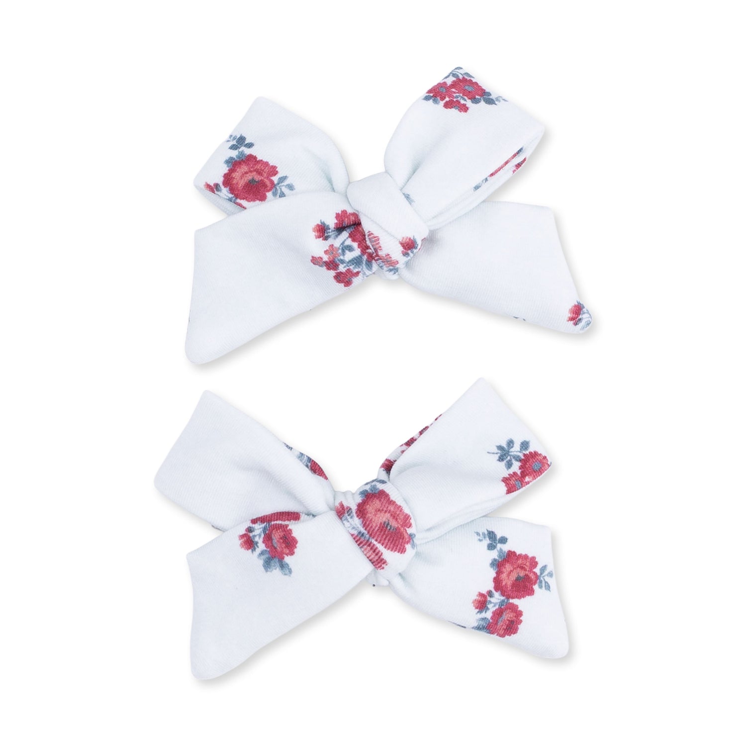 Two floral-print bow hair clips in the Alyssa pattern for babies and toddlers