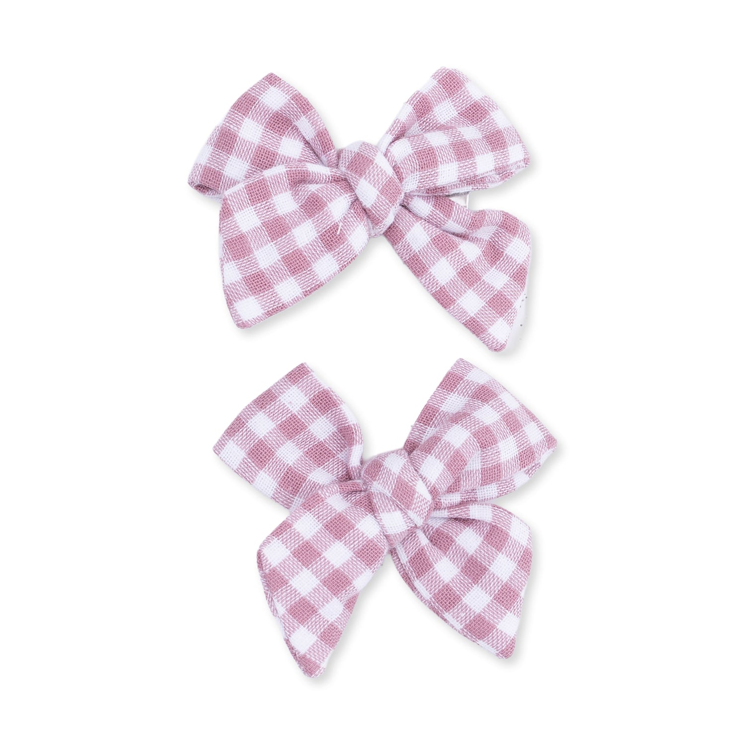 Two berry gingham bow hair clips made of checked cotton muslin fabric
