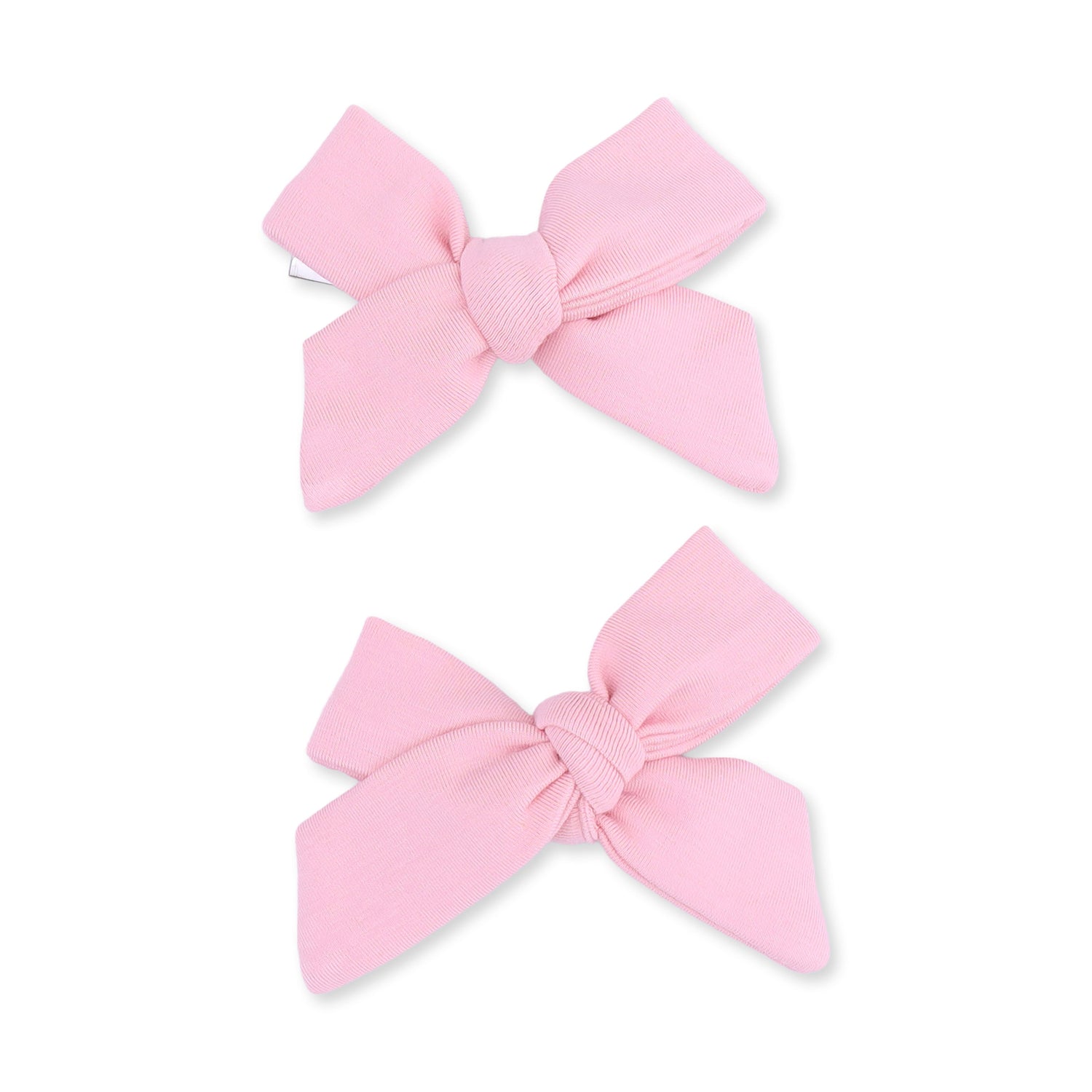 Two solid candy pink fabric bow hair clips shown side by side