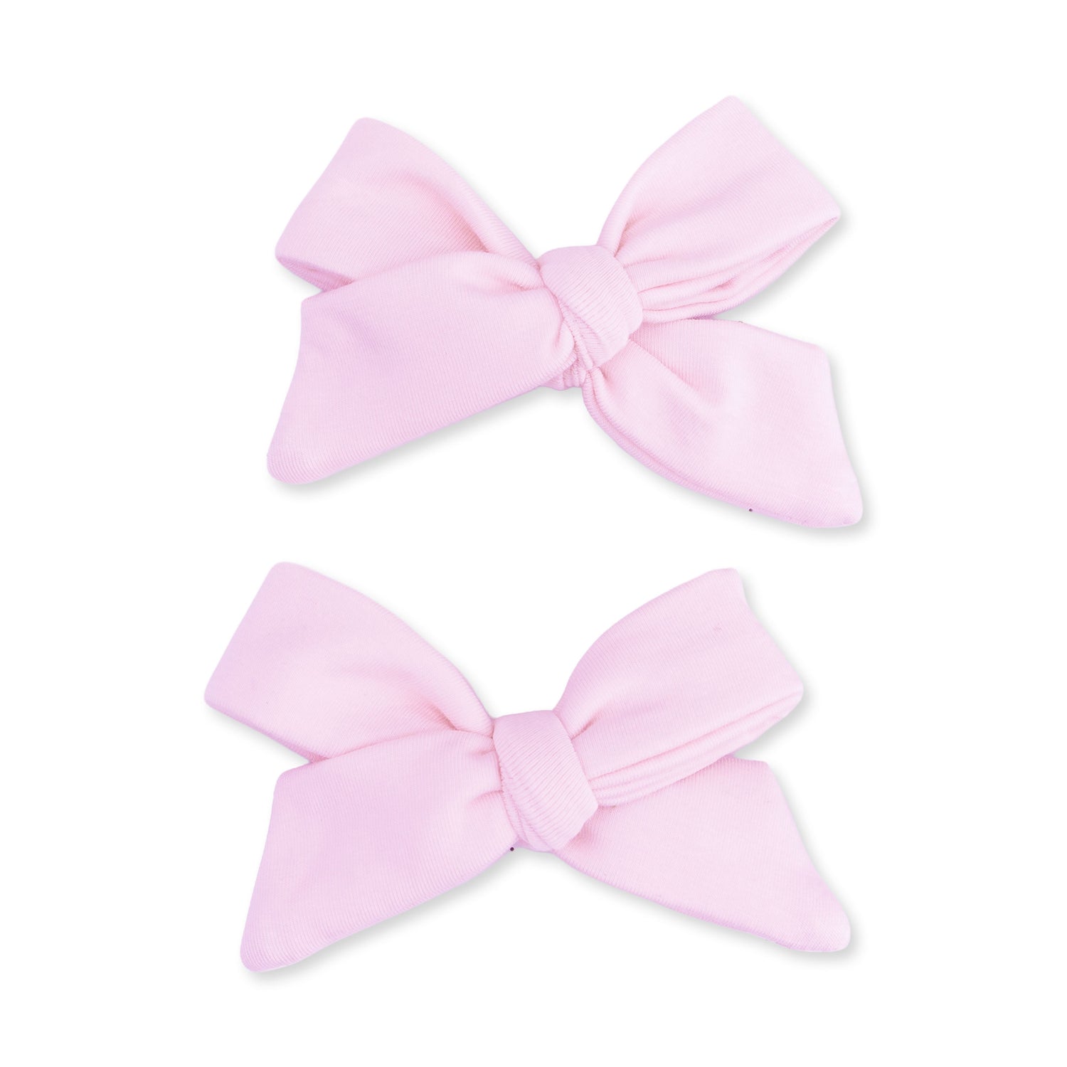 Two solid pink bow hair clips arranged side by side