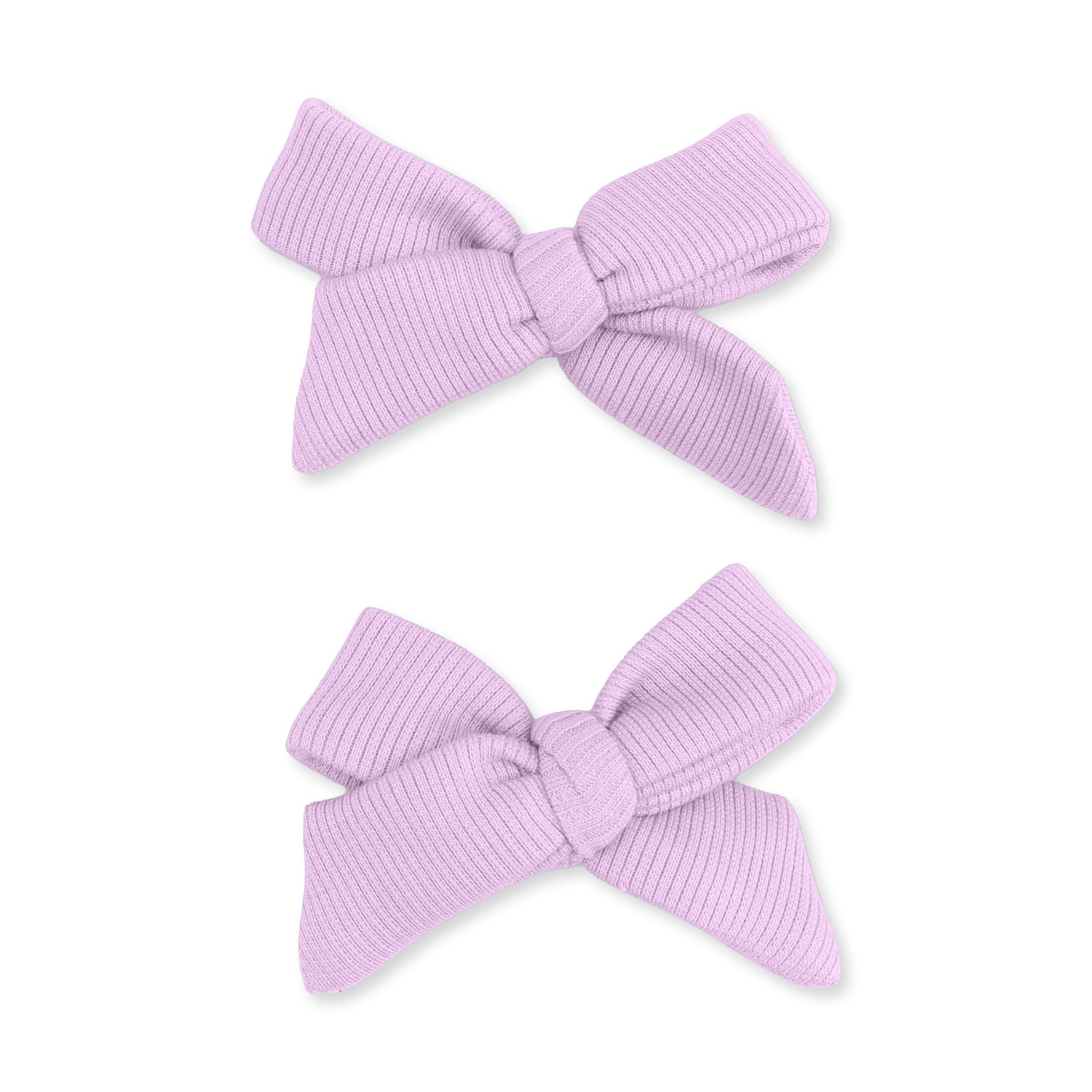 Two orchid-purple ribbed bow hair clips arranged side by side