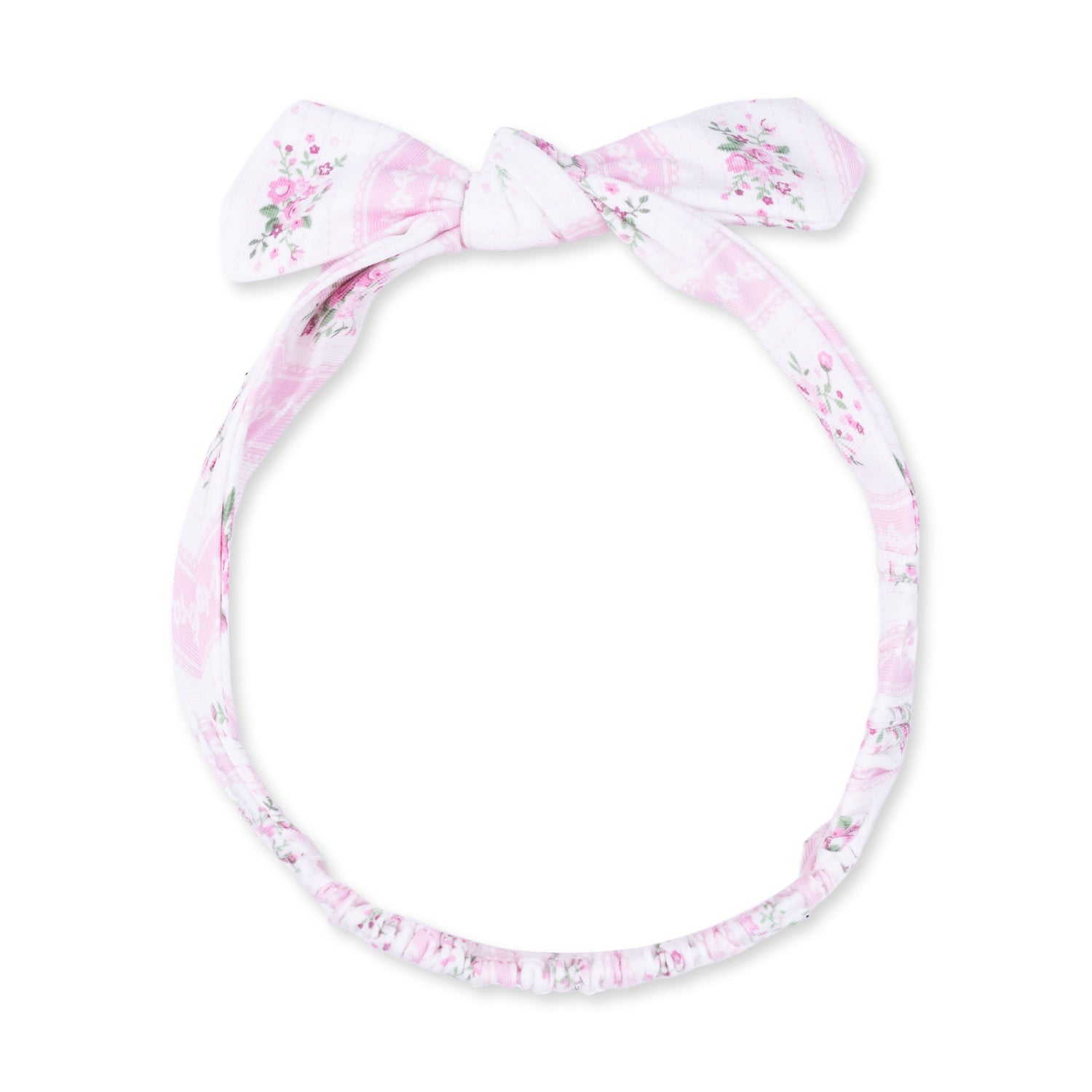 Knot headband in a pink and rose striped Bella Rose pattern with a tied knot detail at the front