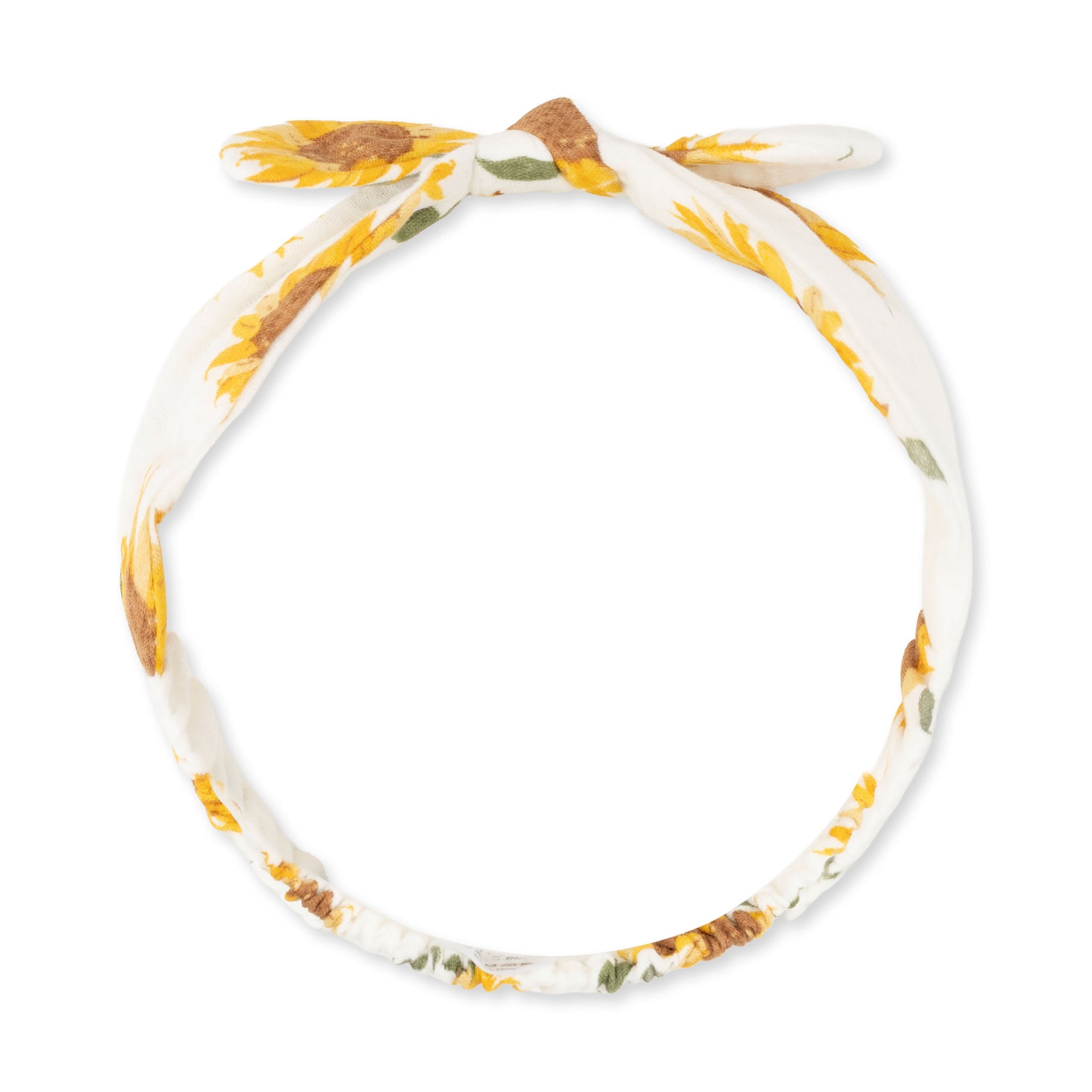 Baby knot headband in a sunflower print, made of soft cotton muslin with a knotted detail at the top.