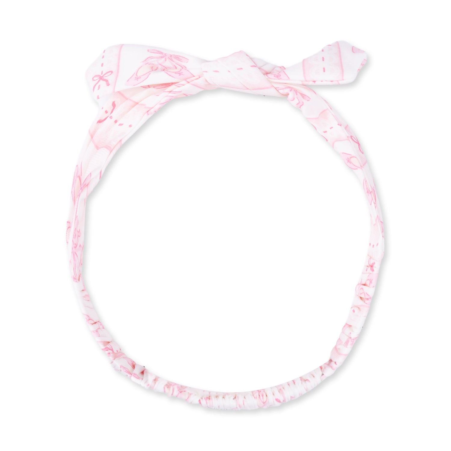 Knot headband in a ballet shoes ribbon stripe print with a knotted bow detail at the front