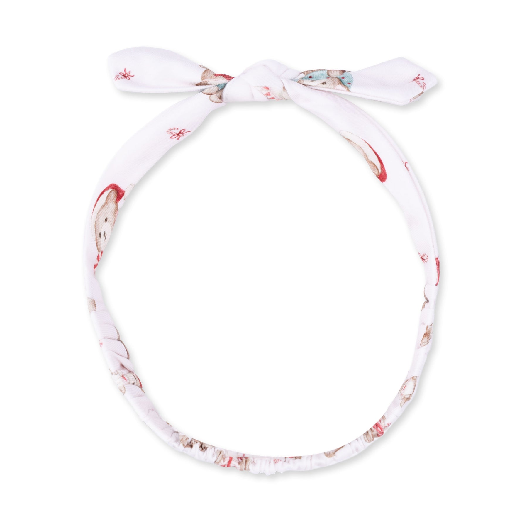 Pink baby knot headband with a Christmas teddy bear print