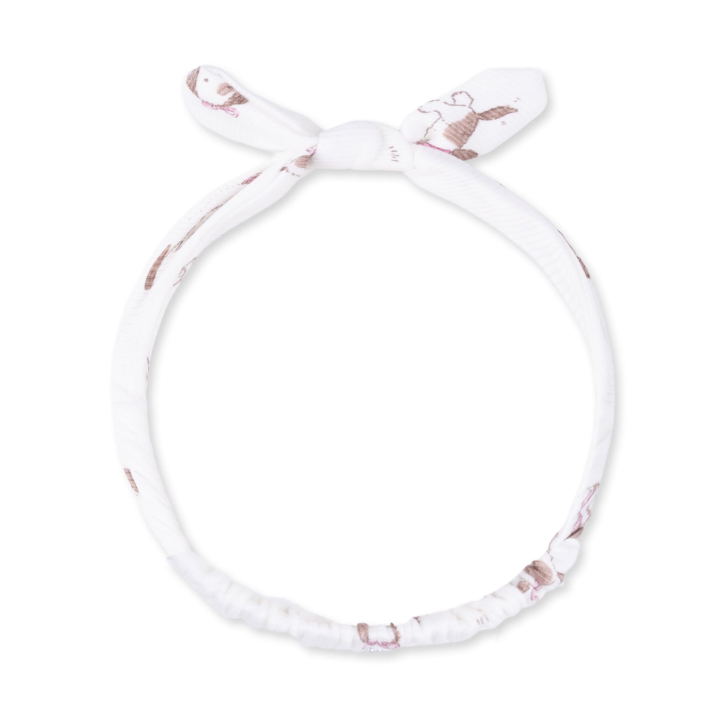 Knot headband in pink with a puppy print, tied in a soft knot at the front.
