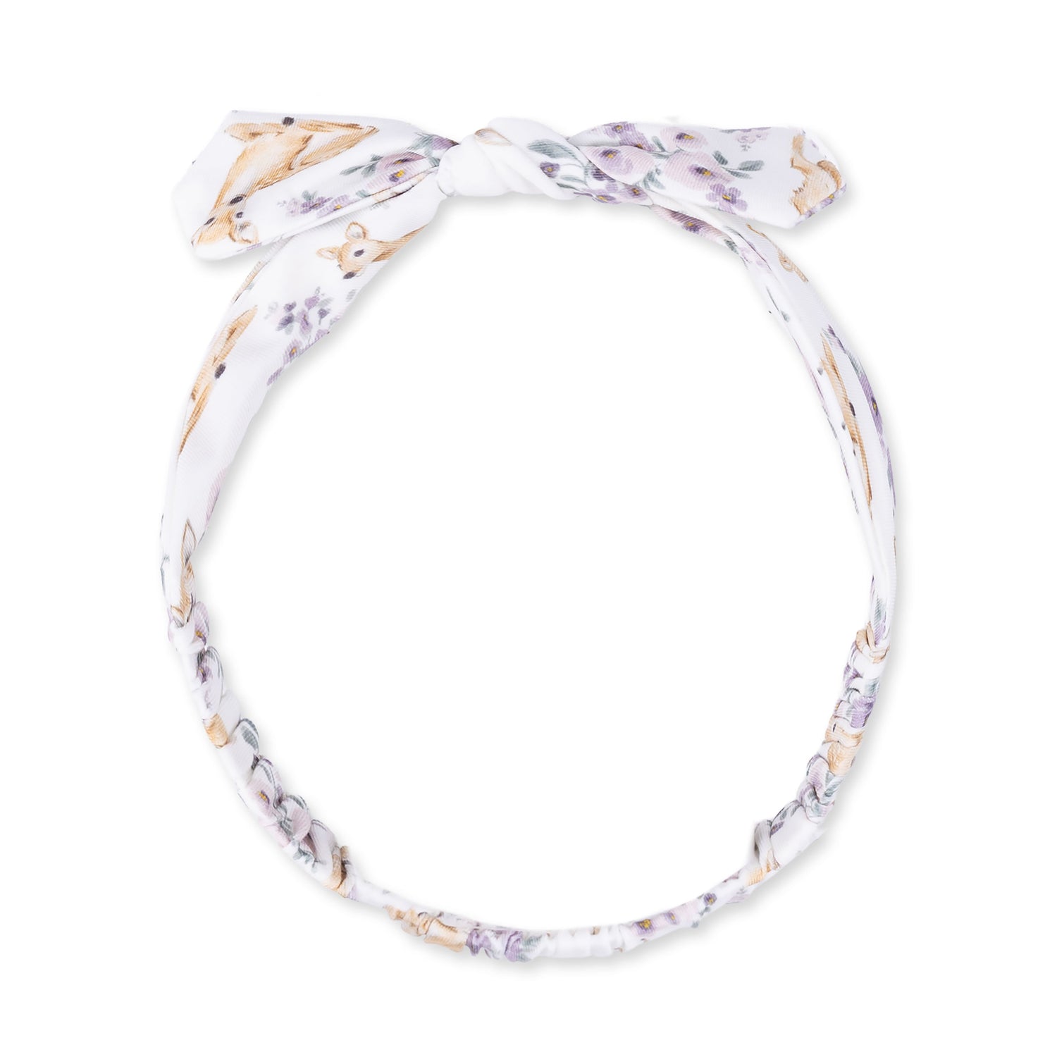 Knot headband in a floral deer print with a soft top knot detail