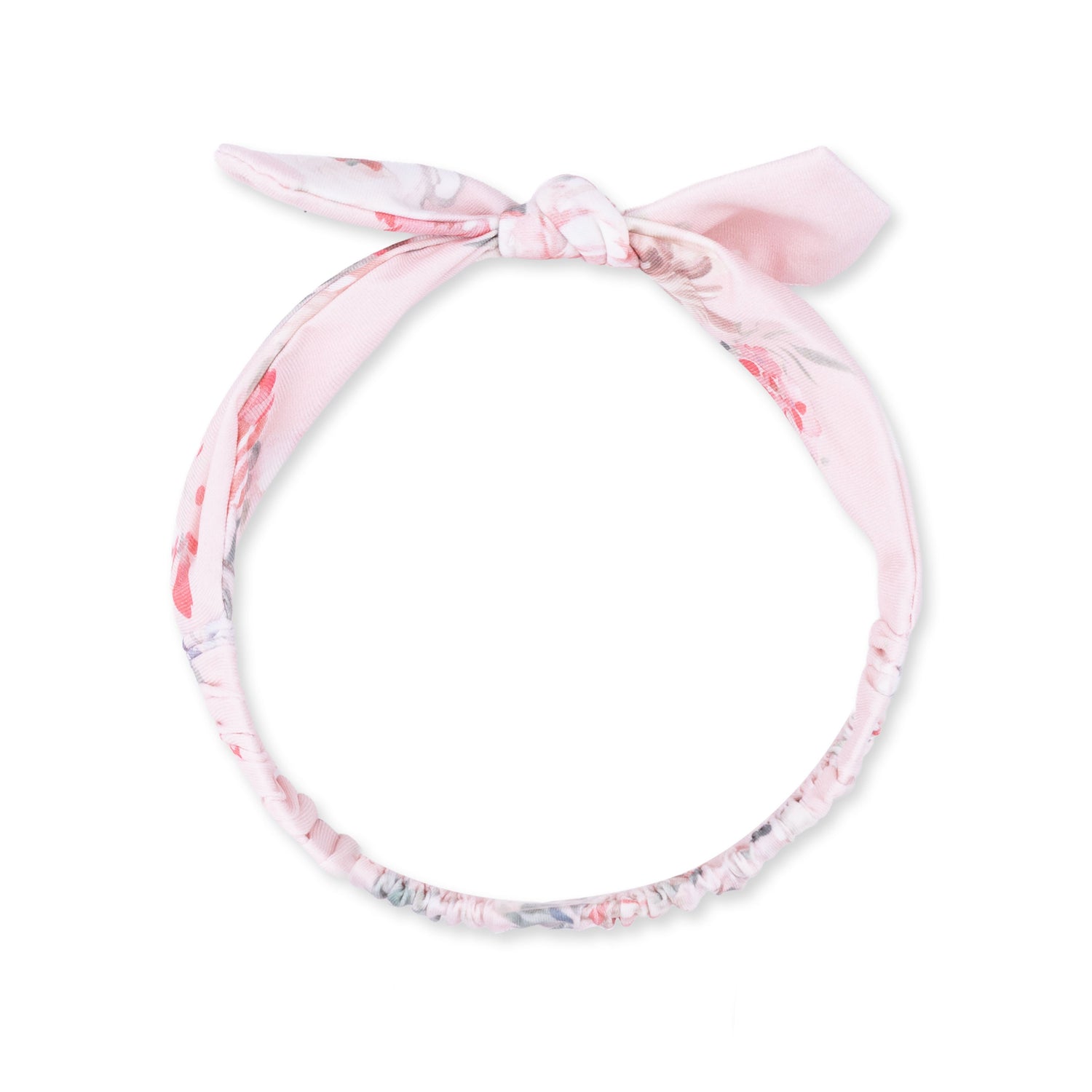 Knot headband in a painterly rose bouquet print with soft pink and green florals