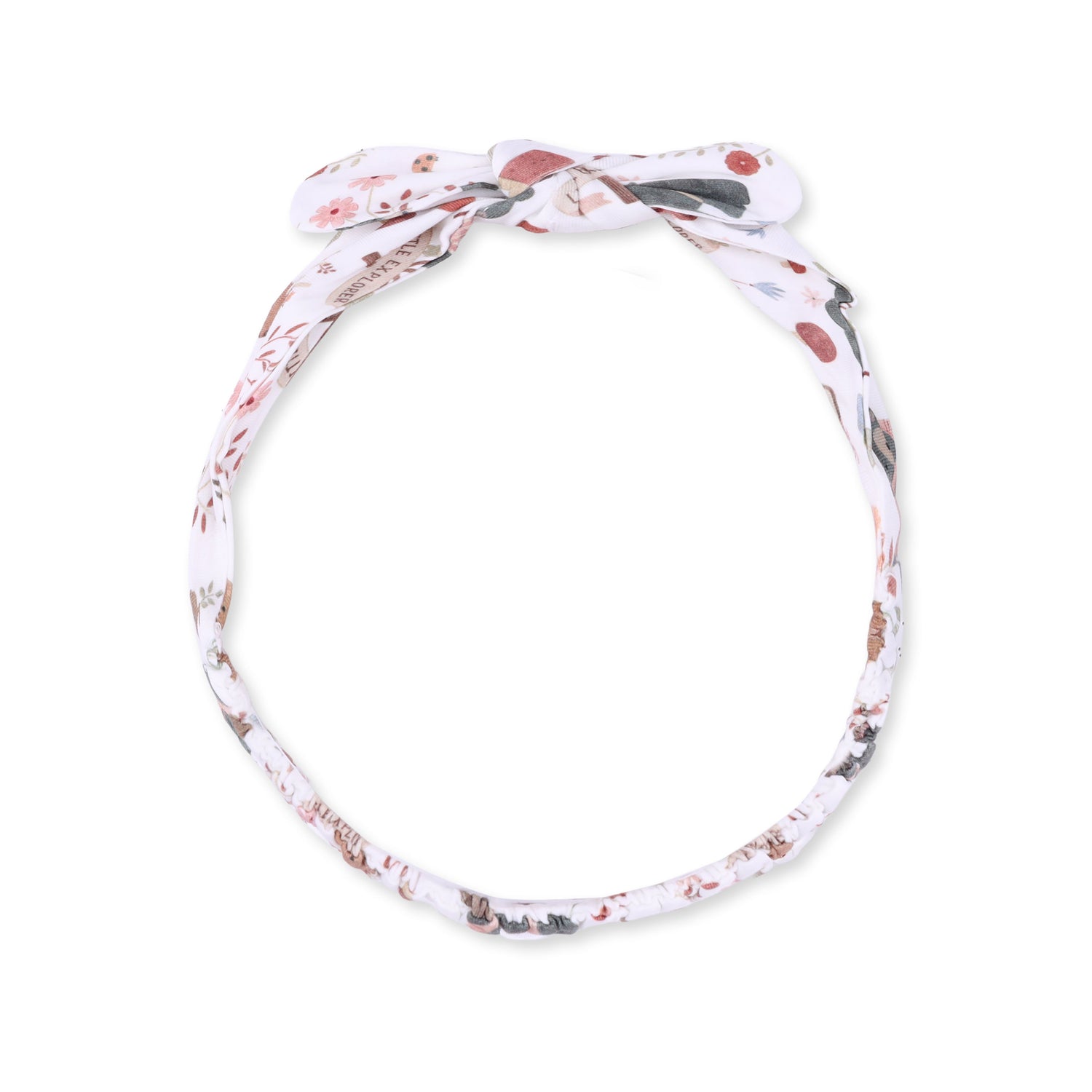 Knot headband in pink with a Southern woodland animals print and a knotted bow detail at the front.
