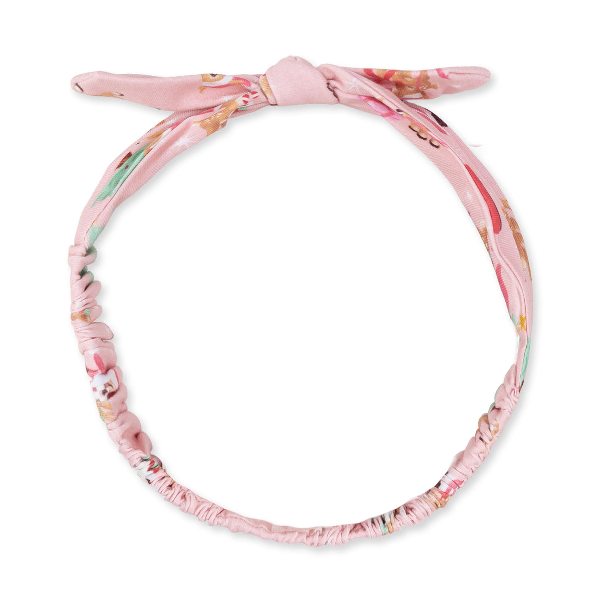 Pink baby knot headband with a vintage reindeer and Santa print