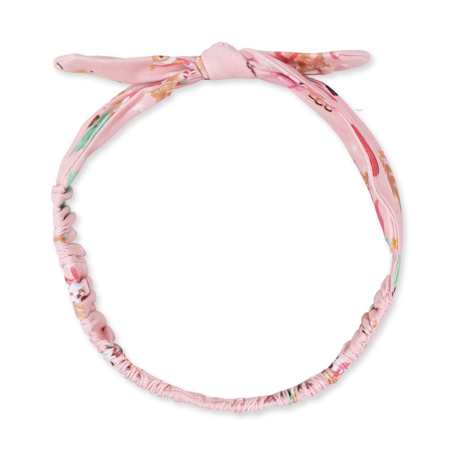 Pink baby knot headband with a vintage reindeer and Santa print