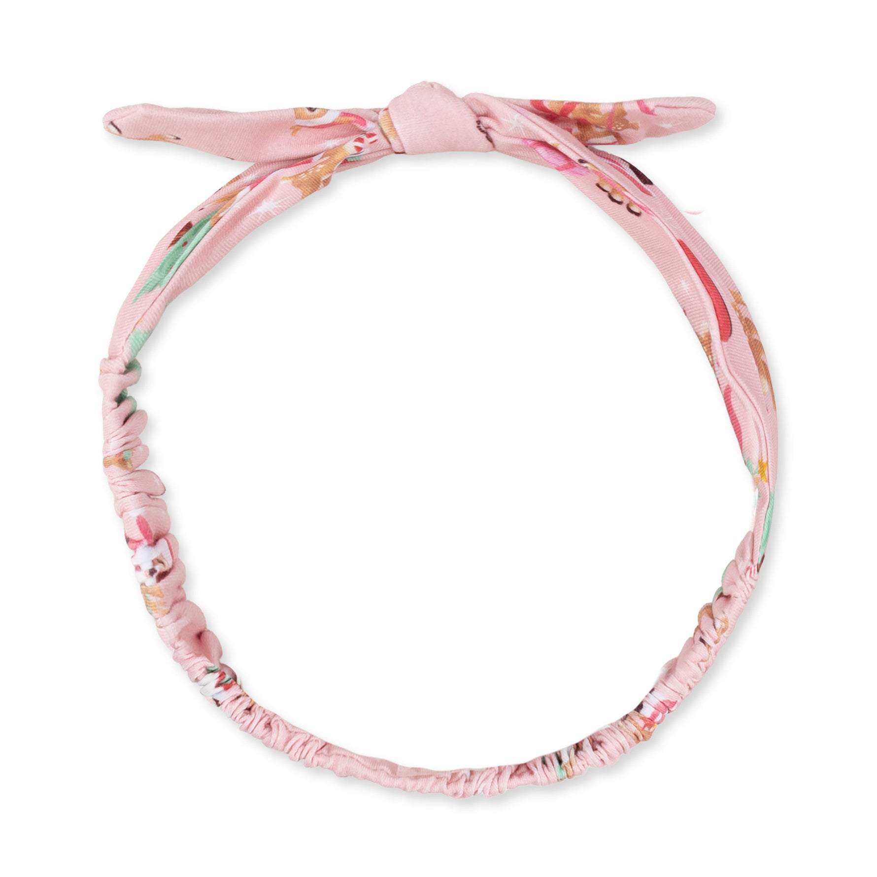 Pink baby knot headband with a vintage reindeer and Santa print