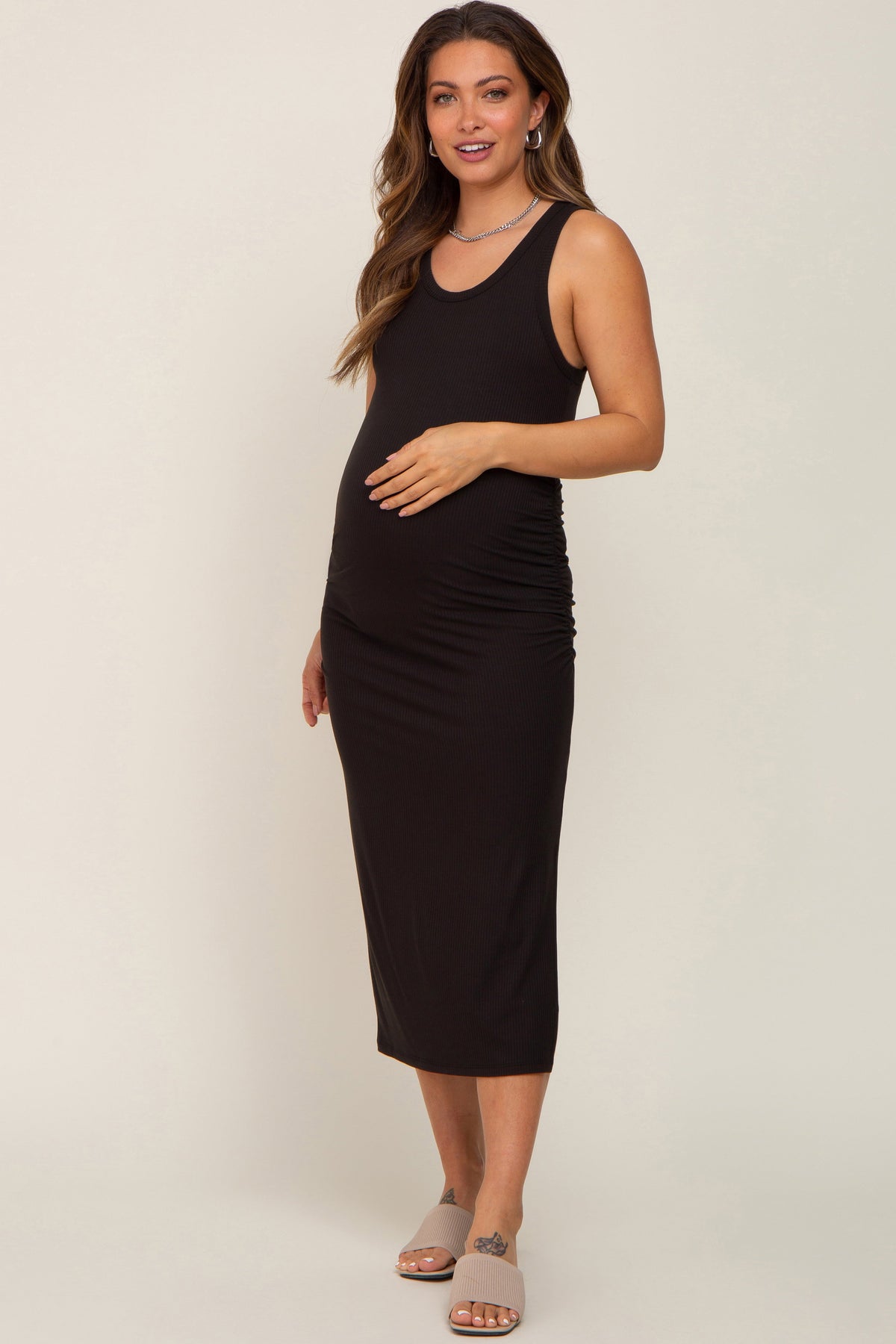 Ribbed Sleeveless Ruched Maternity Midi Dress by PinkBlush