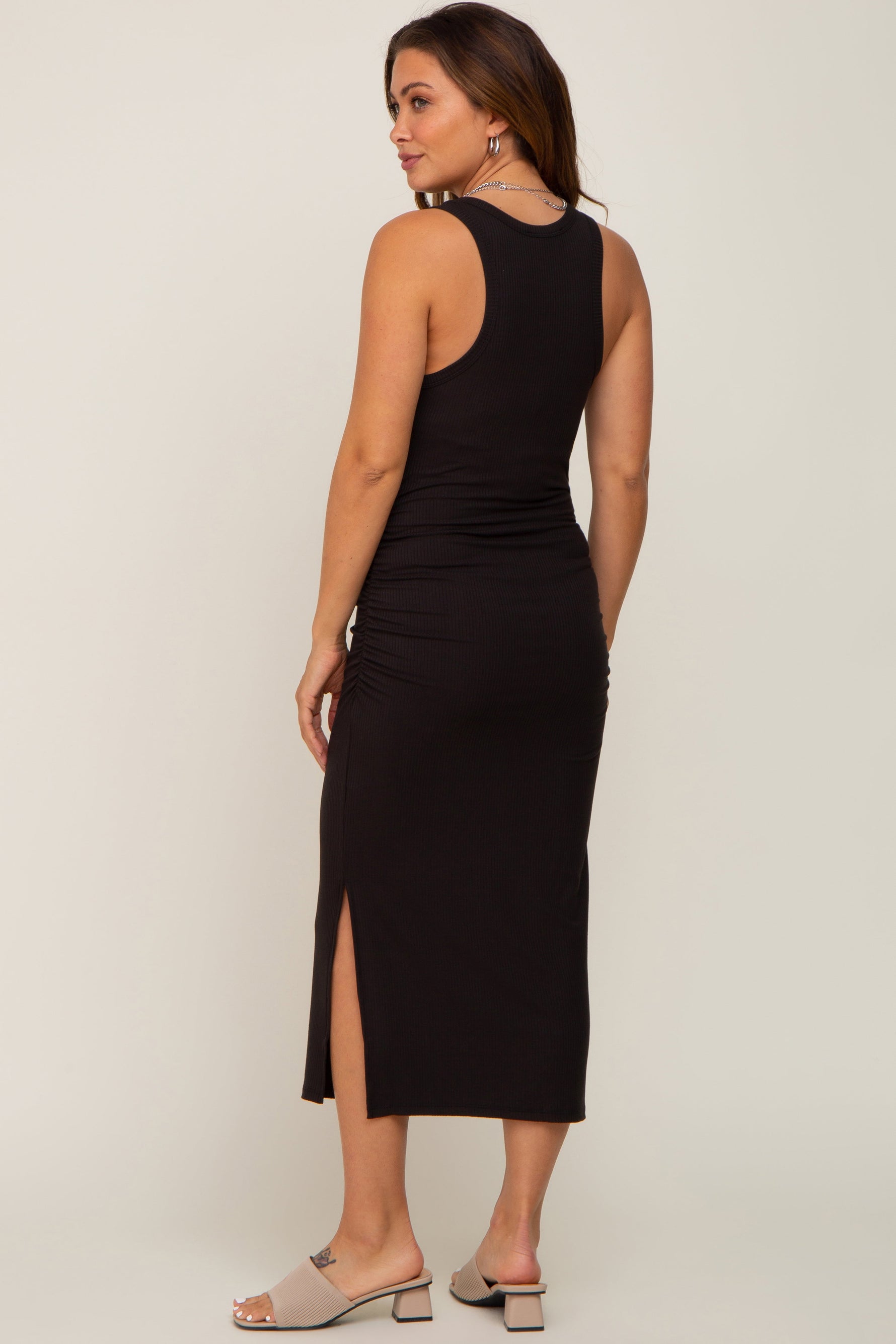 Ribbed Sleeveless Ruched Maternity Midi Dress by PinkBlush