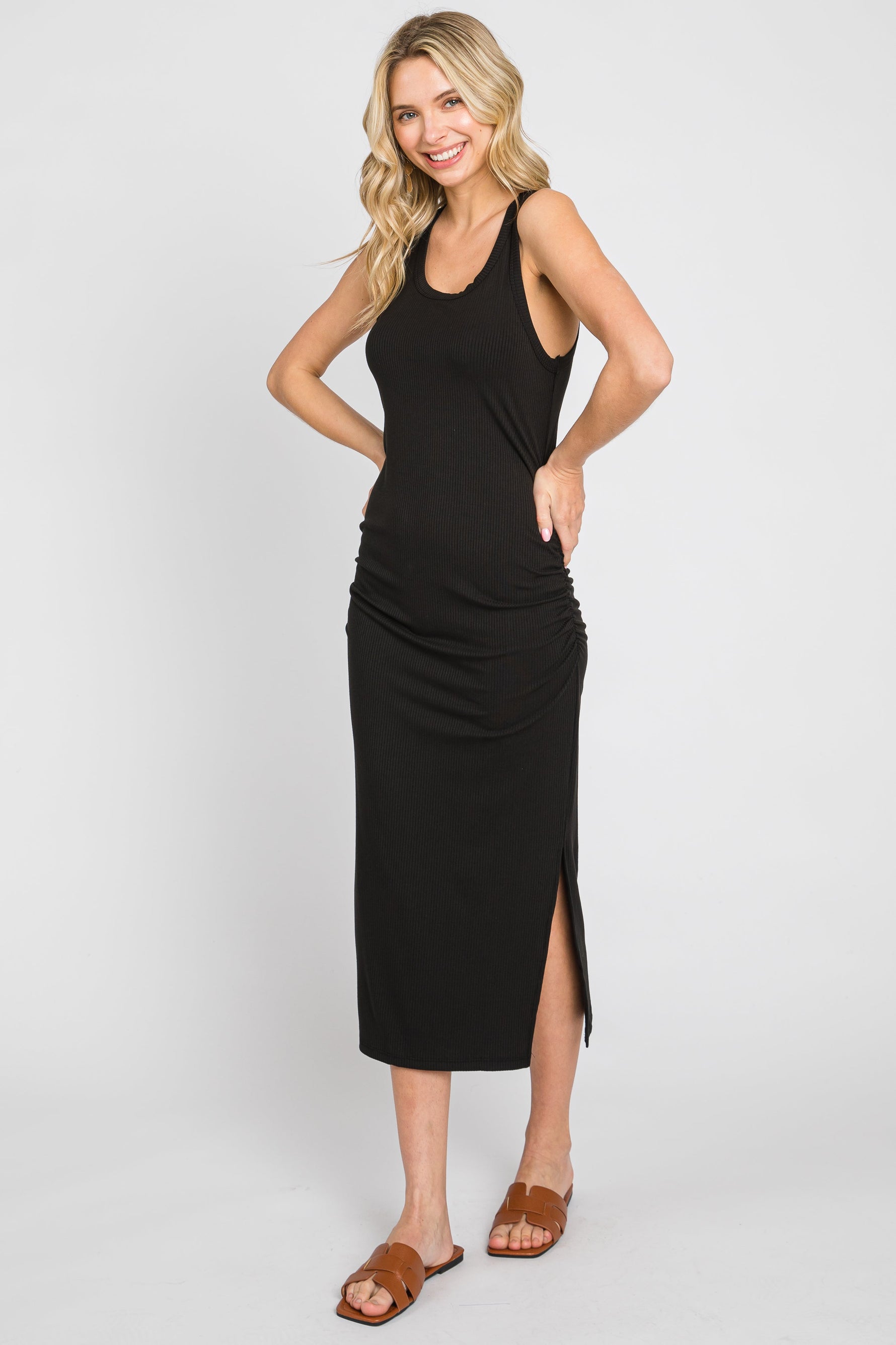 Ribbed Sleeveless Ruched Maternity Midi Dress by PinkBlush