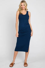 Navy Ribbed Sleeveless Ruched Side Slit Maternity Midi Dress PinkBlush 