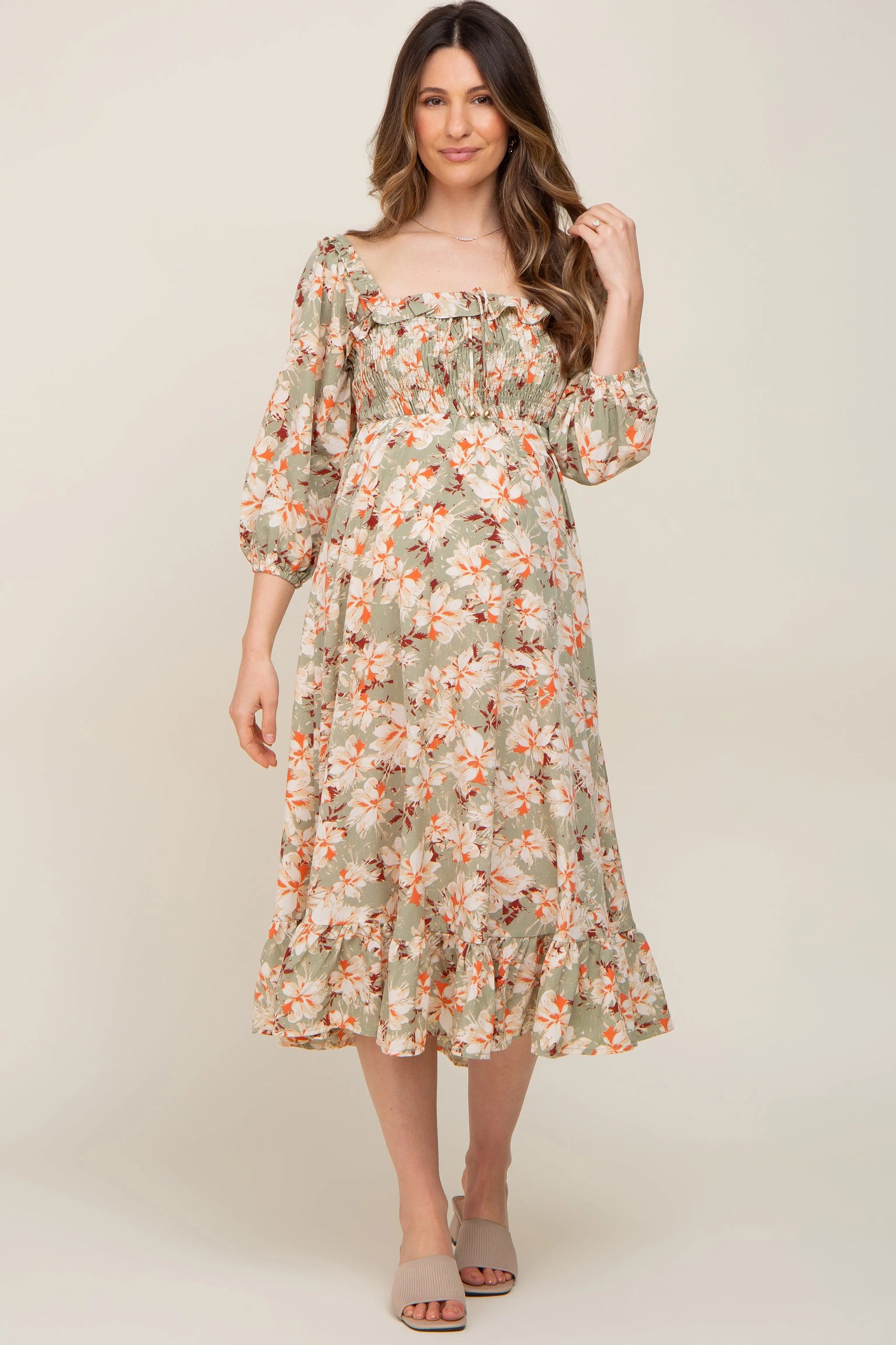 Light Olive Floral Square Neck Maternity Midi Dress PinkBlush