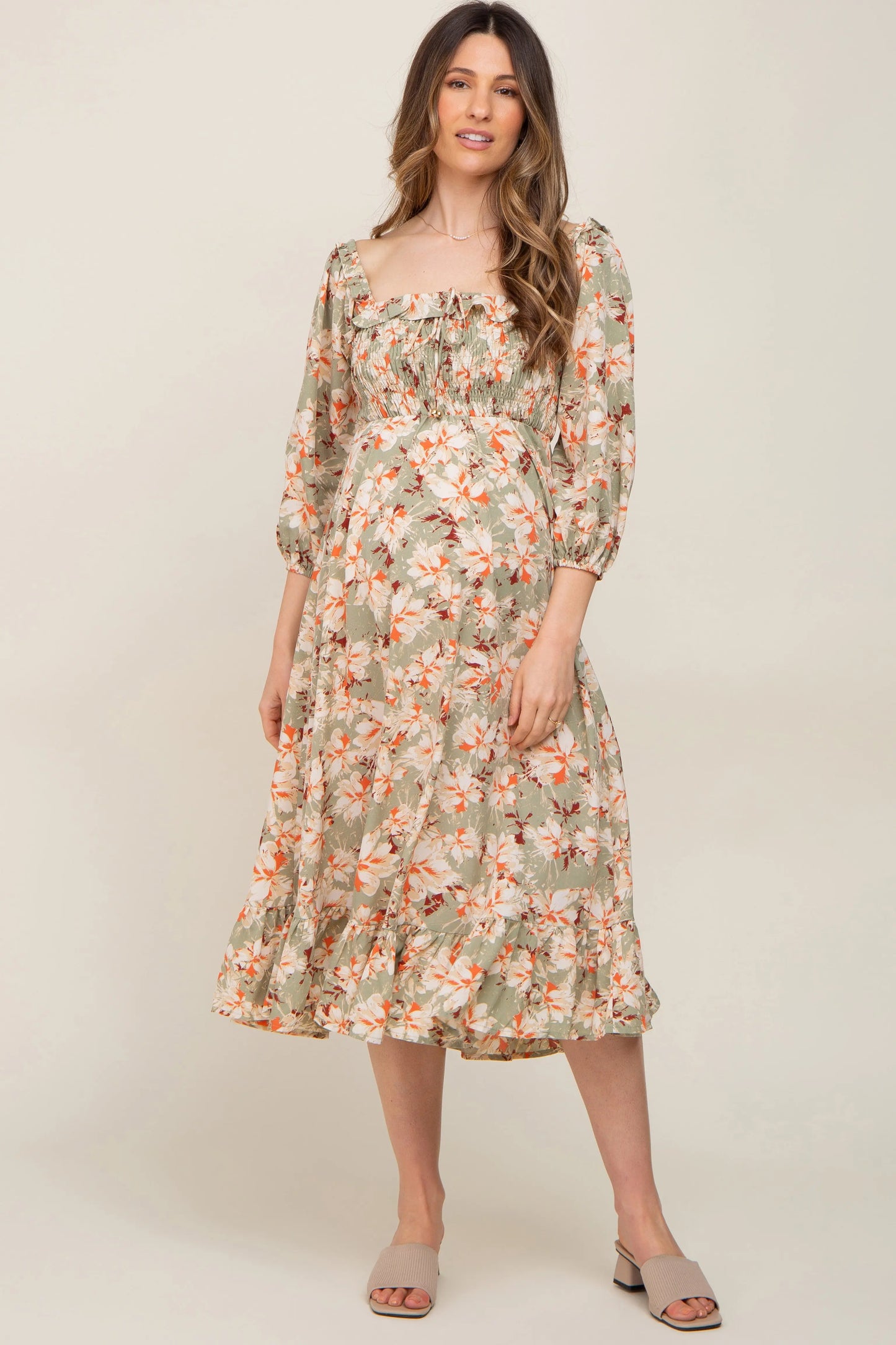 Light Olive Floral Square Neck Maternity Midi Dress PinkBlush