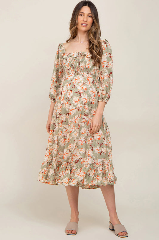 Light Olive Floral Square Neck Maternity Midi Dress PinkBlush
