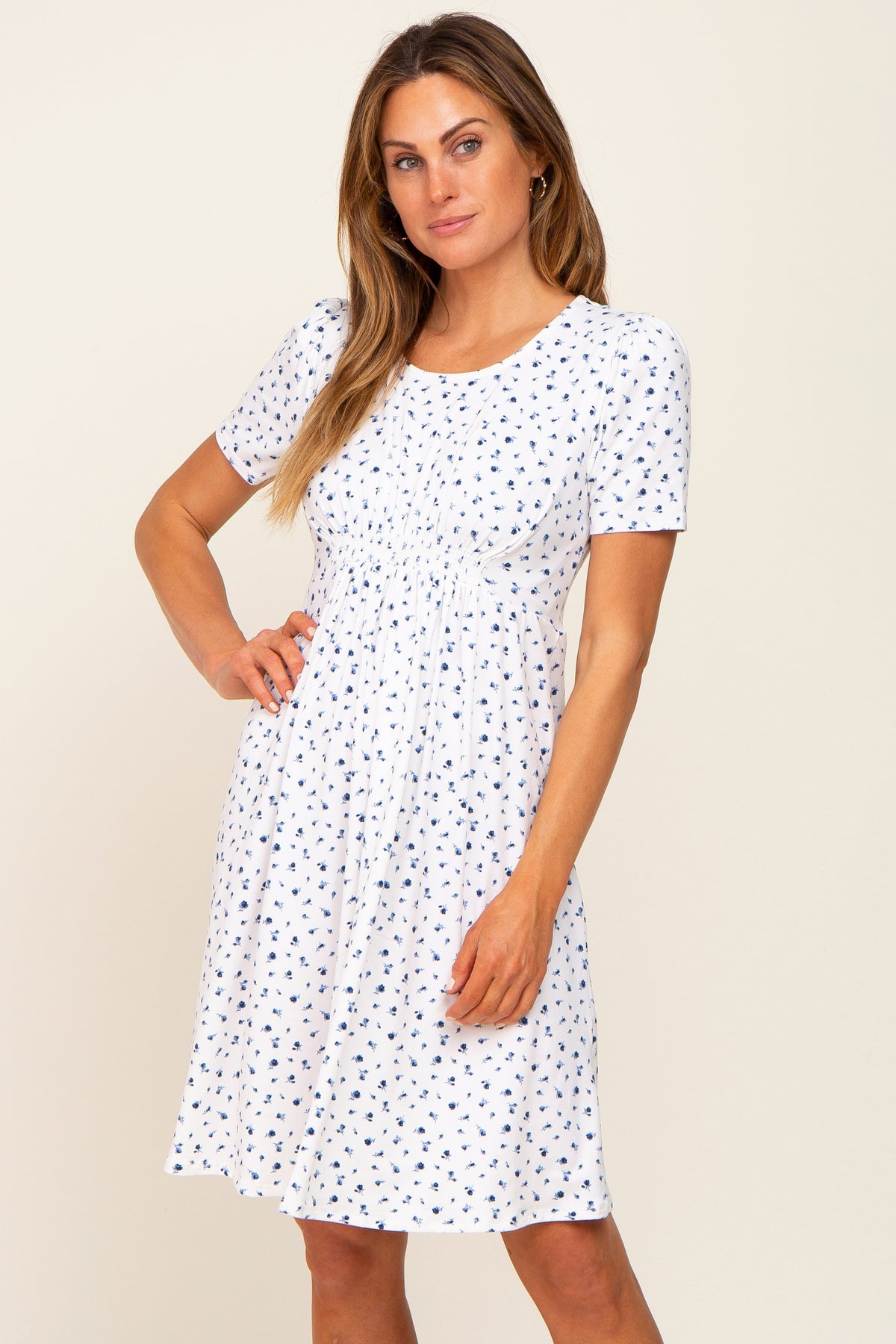 Ivory Floral Smocked Short Sleeve Maternity Dress by PinkBlush