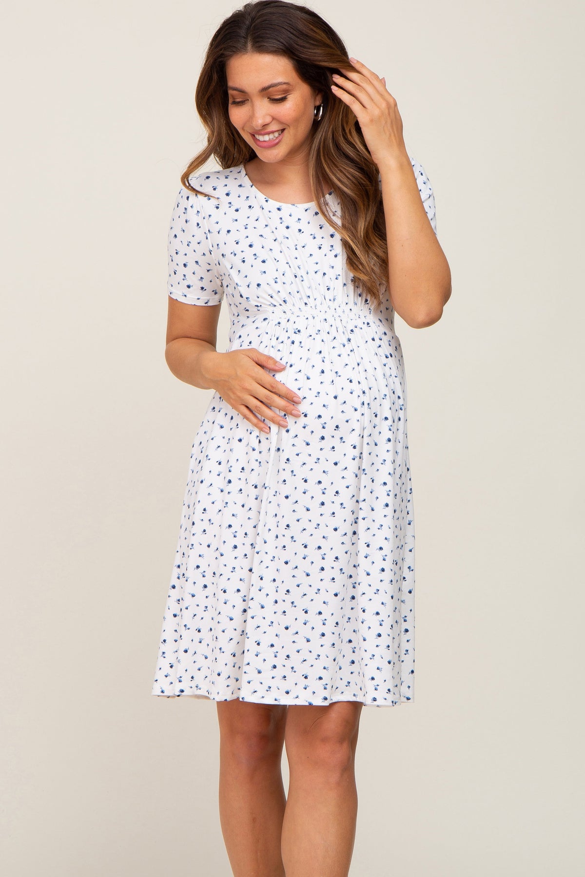 Ivory Floral Smocked Short Sleeve Maternity Dress by PinkBlush