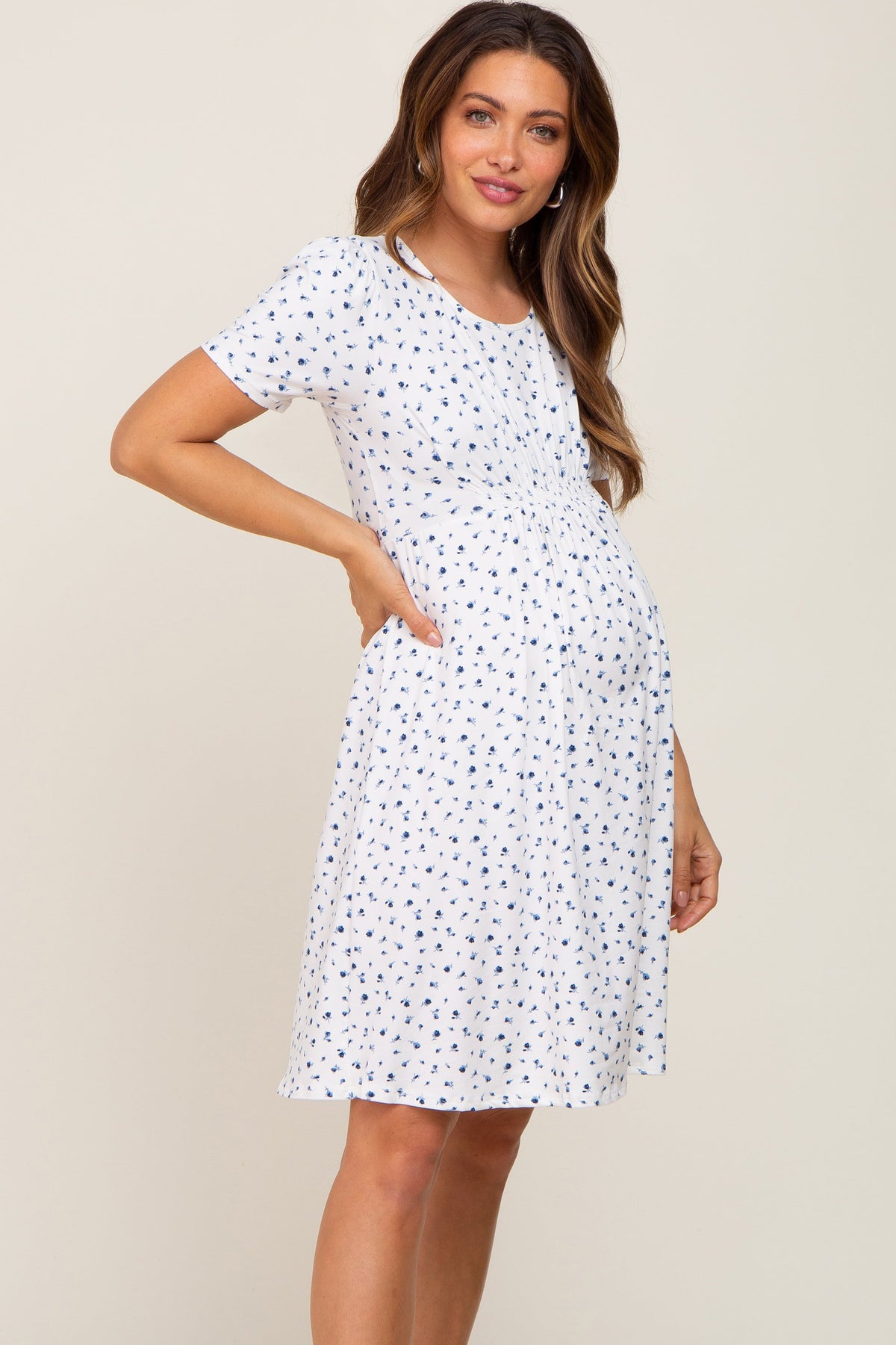 Ivory Floral Smocked Short Sleeve Maternity Dress by PinkBlush