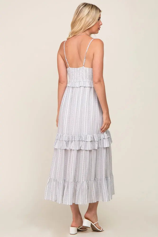 PinkBlush Ivory Striped Ruffle Tiered Midi Dress with Adjustable Straps for Women - Apparel & Accessories > Clothing > Dresses
