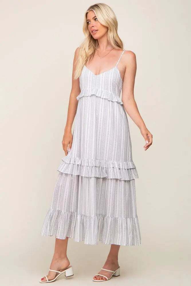 PinkBlush Ivory Striped Ruffle Tiered Midi Dress with Adjustable Straps for Women - Apparel & Accessories > Clothing > Dresses