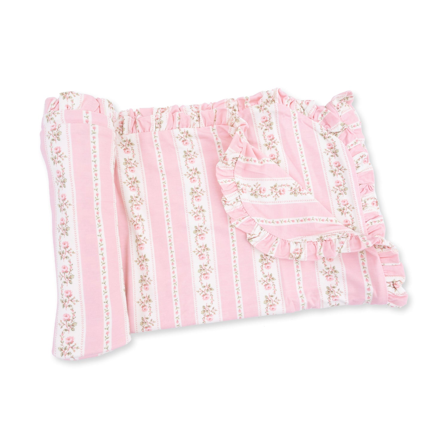 Baby receiving blanket in Antoinette stripe print with a delicate ruffle trim around the edges.