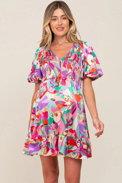 Elegant Satin Maternity Dress with Smocked V Neck for Expecting Mothers