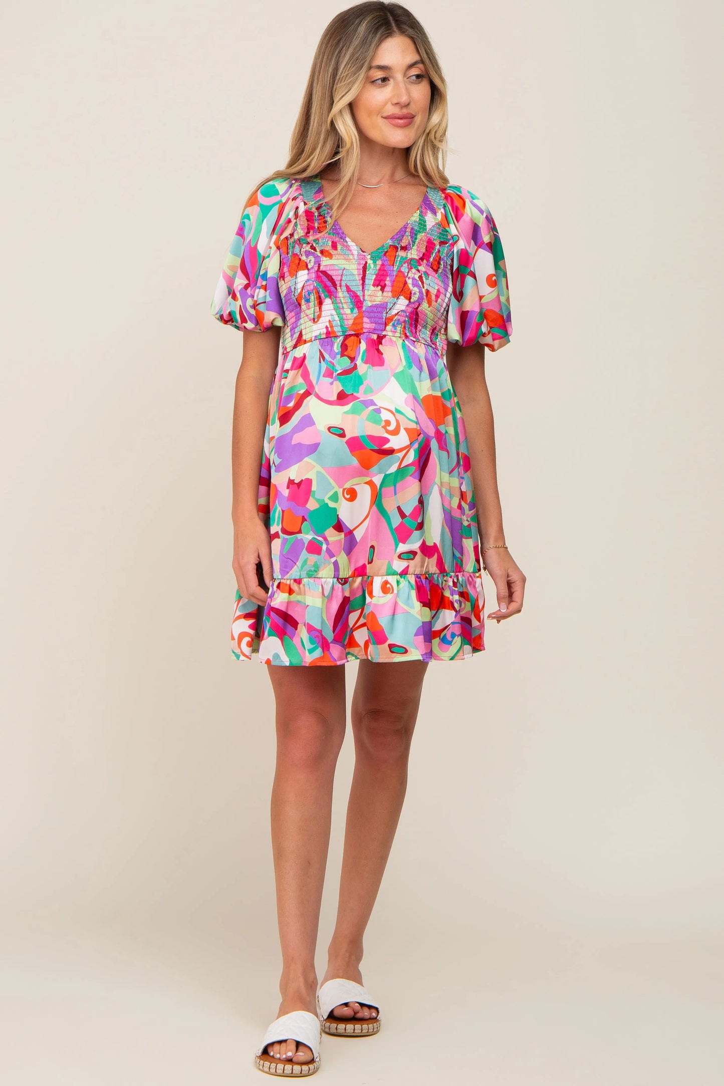 PinkBlush Elegant Satin Maternity Dress with Smocked V Neck for Expecting Mothers - Apparel & Accessories > Clothing > Dresses