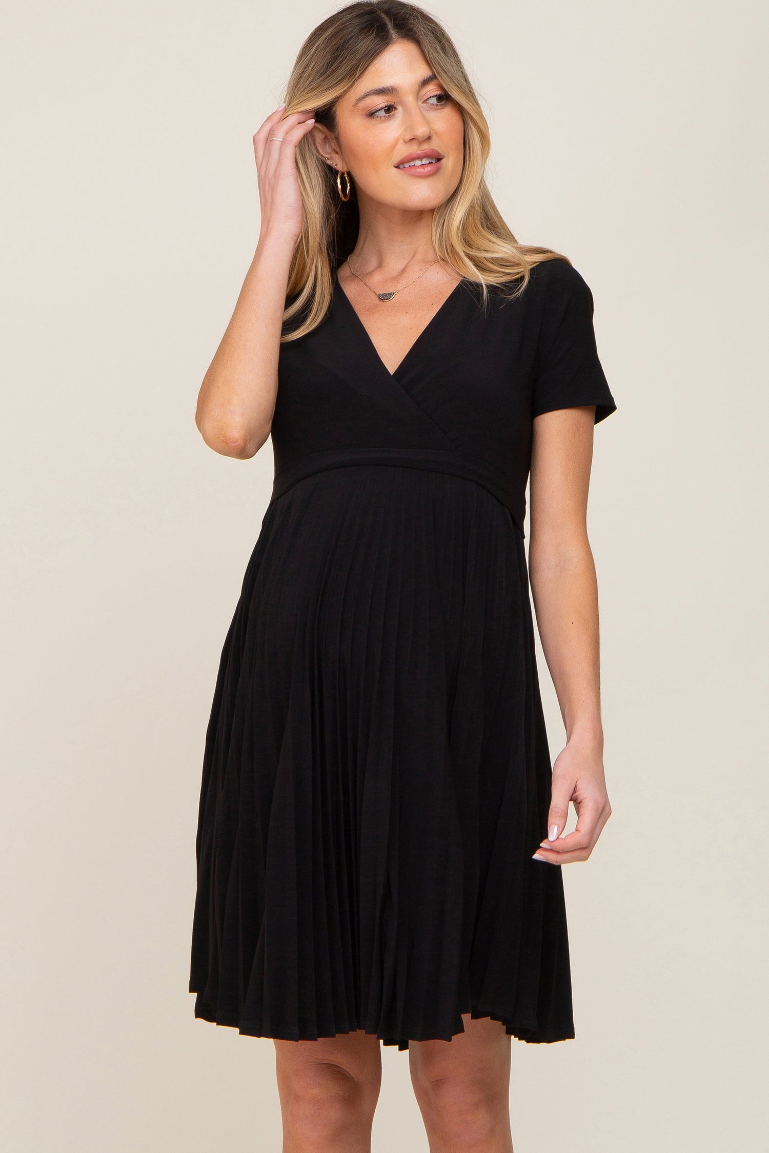 Black Pleated Maternity/Nursing Dress - Day Dress, Person, Dress, Necklace | Everetts Place