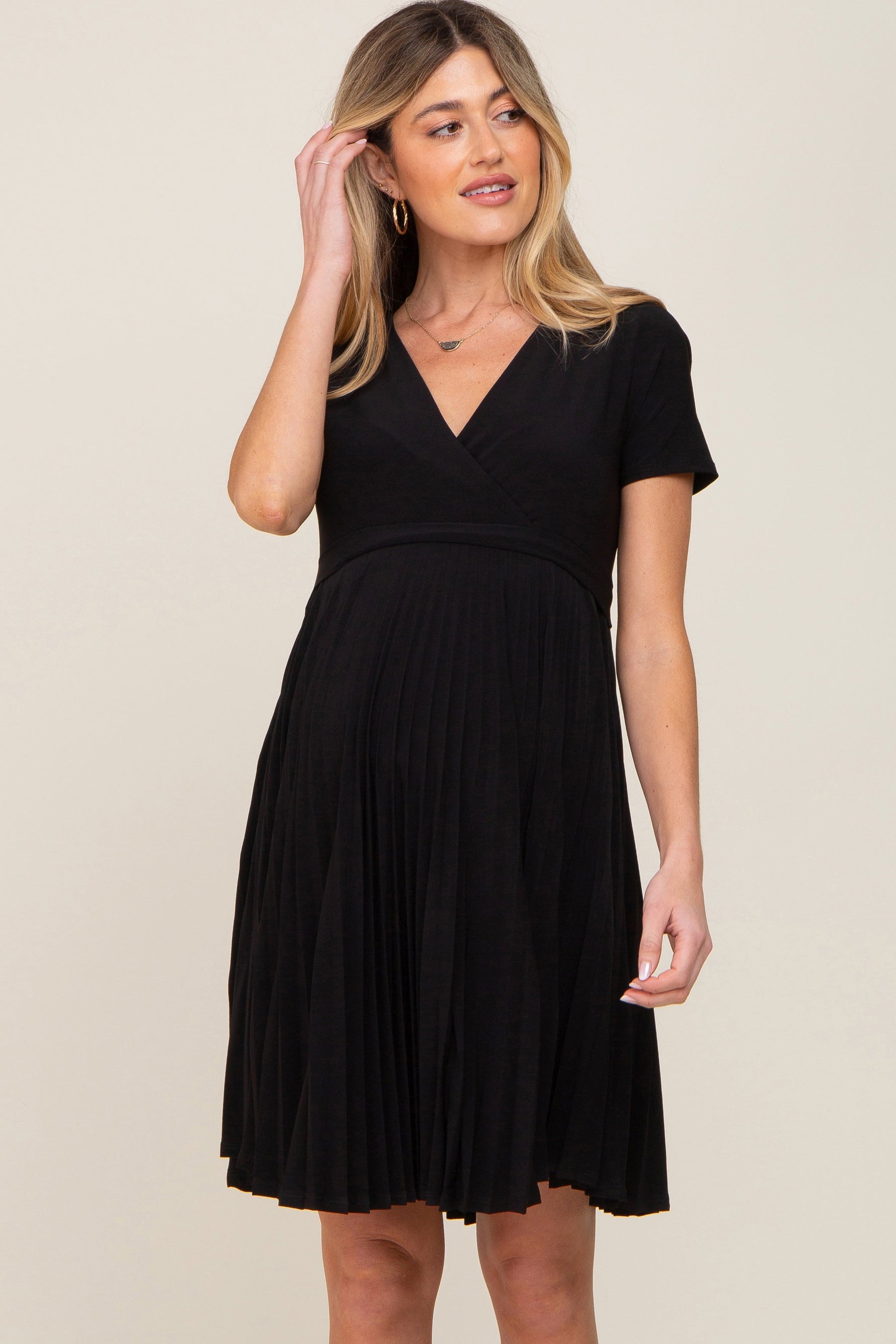 Black Pleated Maternity/Nursing Dress - Day Dress, Person, Dress, Necklace | Everetts Place
