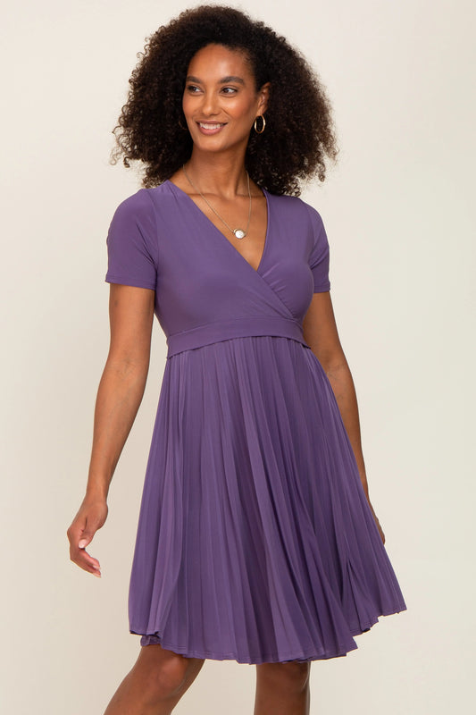 Plum Pleated V Neckline Nursing Dress with Short Sleeves PinkBlush