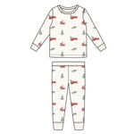 Toddler two-piece pajamas with a red truck print on a light background
