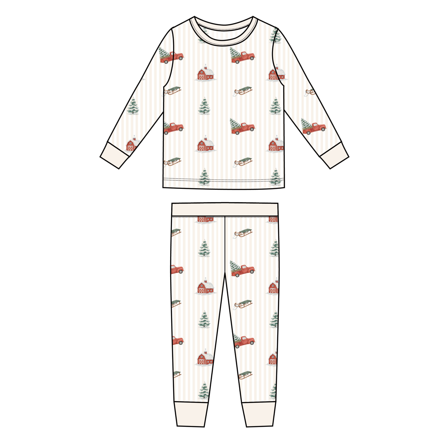 Toddler two-piece pajamas with a red truck print on a light background