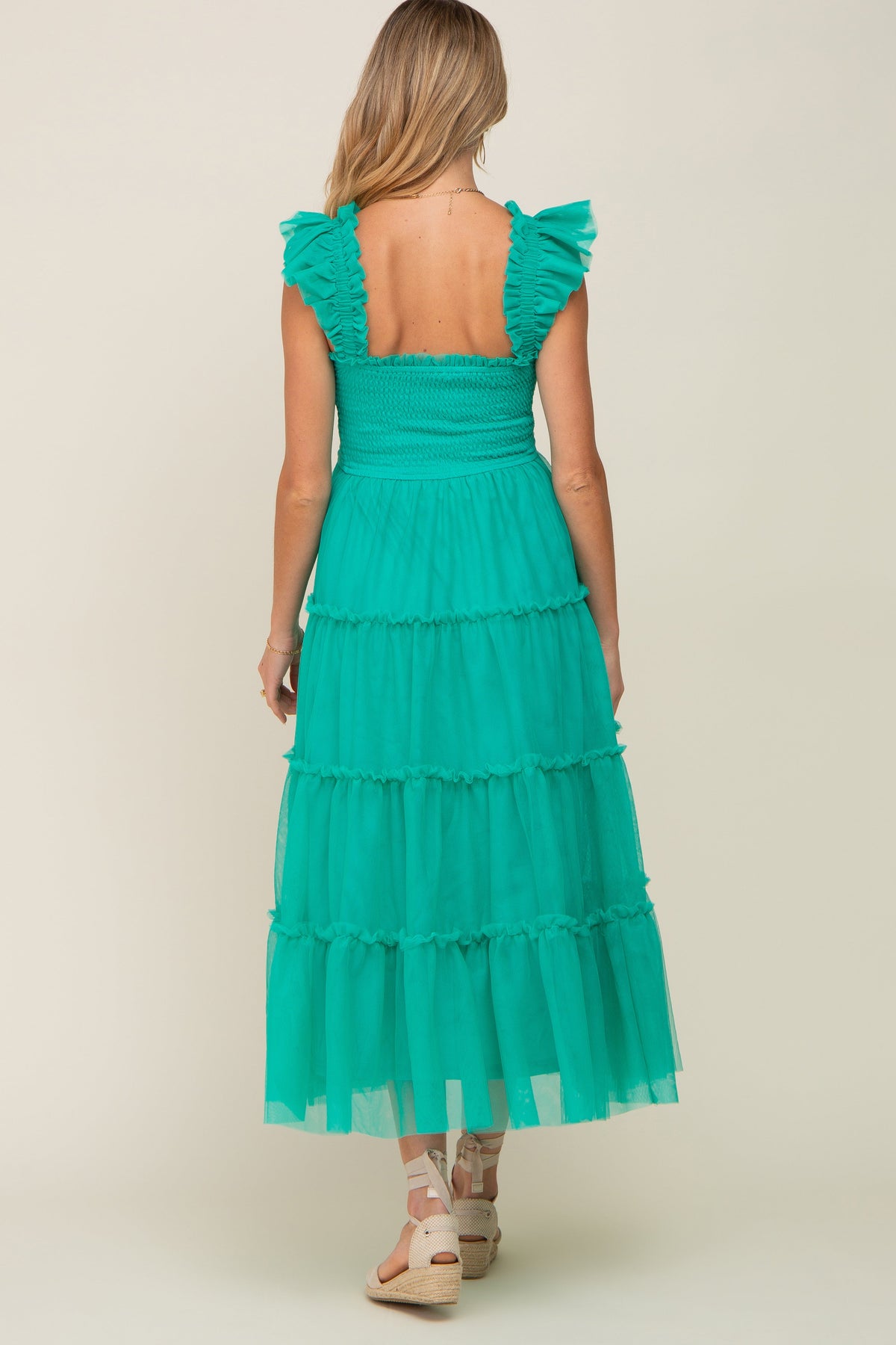 Jade Smocked Mesh Ruffle Accent Maternity Midi Dress by PinkBlush (view 3 of 5)