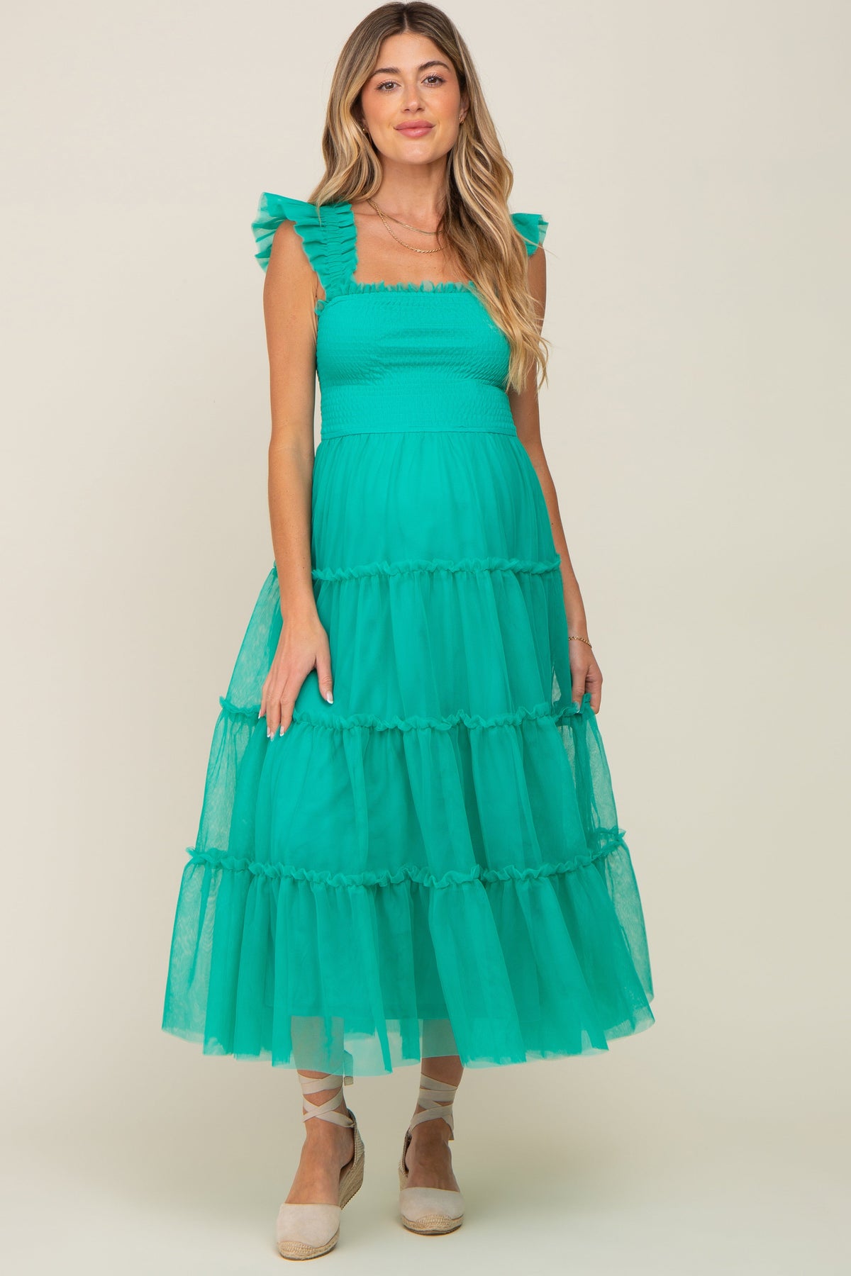 Jade Smocked Mesh Ruffle Accent Maternity Midi Dress by PinkBlush (view 1 of 5)