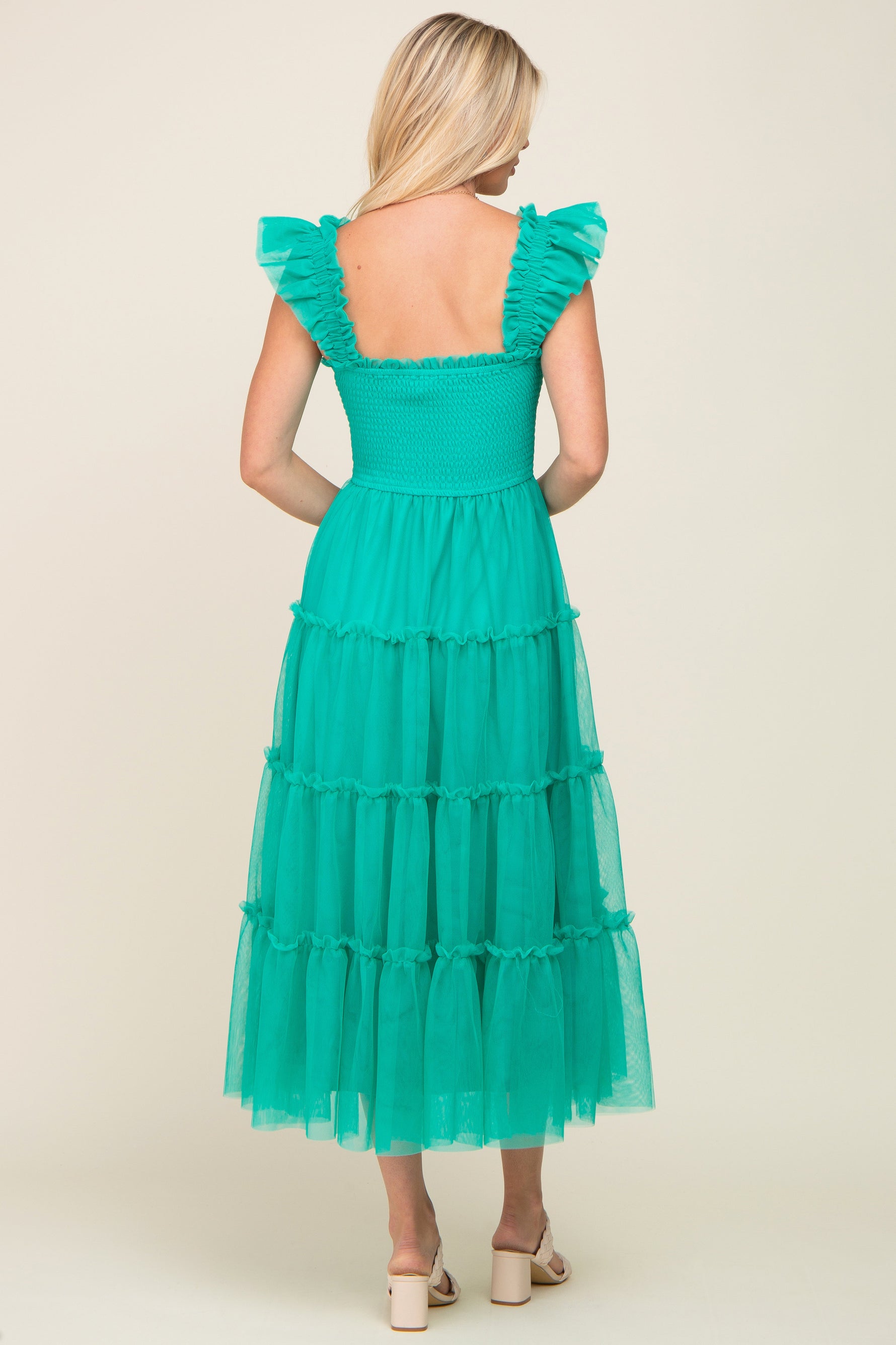 Jade Smocked Mesh Ruffle Accent Midi Dress by PinkBlush