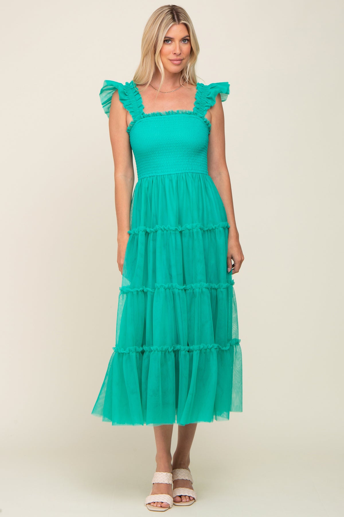Jade Smocked Mesh Ruffle Accent Midi Dress by PinkBlush